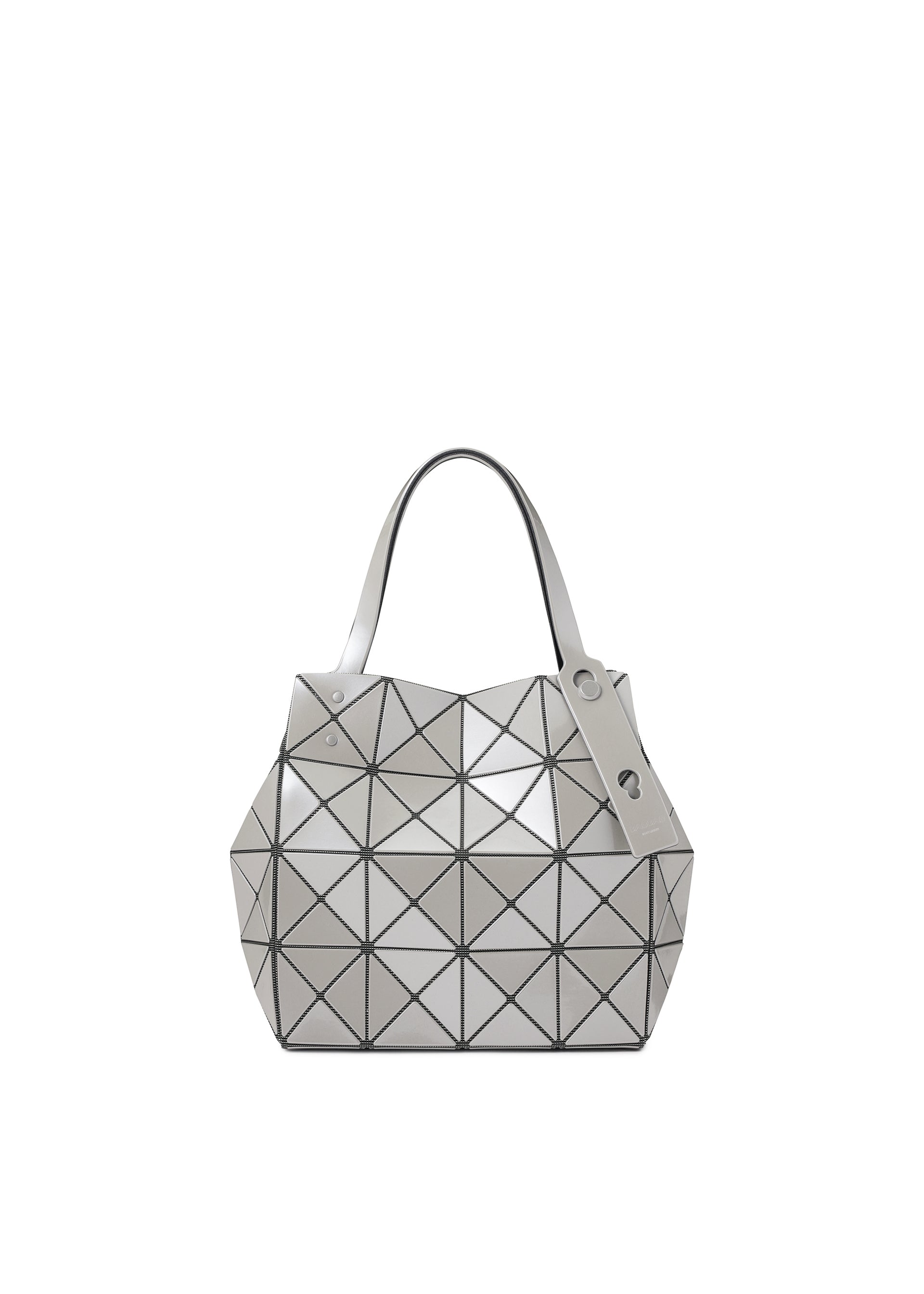 Zoomed view Introducing the CARAT tote bag by BAO BAO ISSEY MIYAKE—a striking silver handbag showcasing a geometric triangular pattern, dual handles, and a sleek, modern reflective finish. This standout metallic accessory includes a zippered pocket for added convenience and is photographed against a plain white background. - PEARL GRAY （no.05）