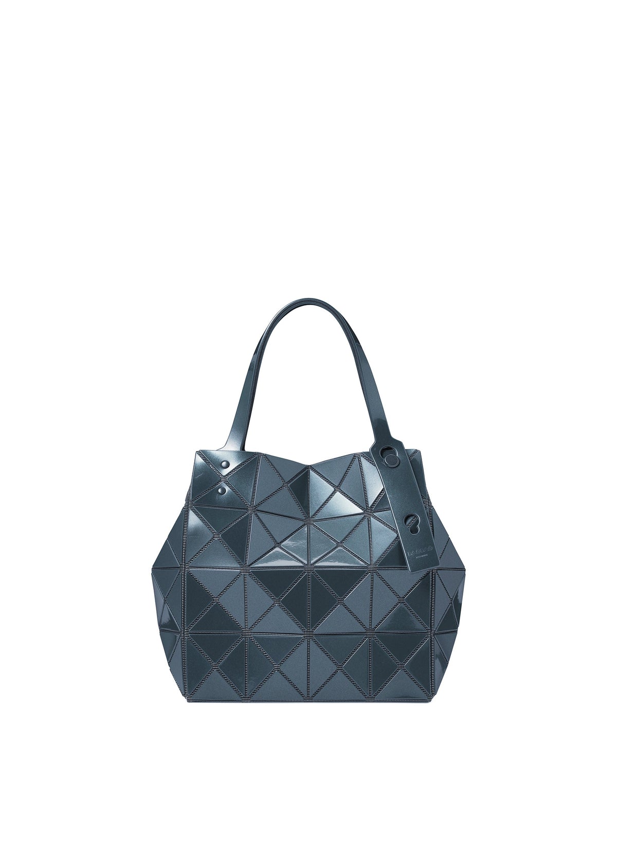 Introducing the CARAT tote bag by BAO BAO ISSEY MIYAKE—a dark blue handbag featuring a striking geometric pattern and glossy metallic finish. This modern, angular design is equipped with two sturdy handles and includes a convenient zippered pocket for secure storage. view 2 of 9