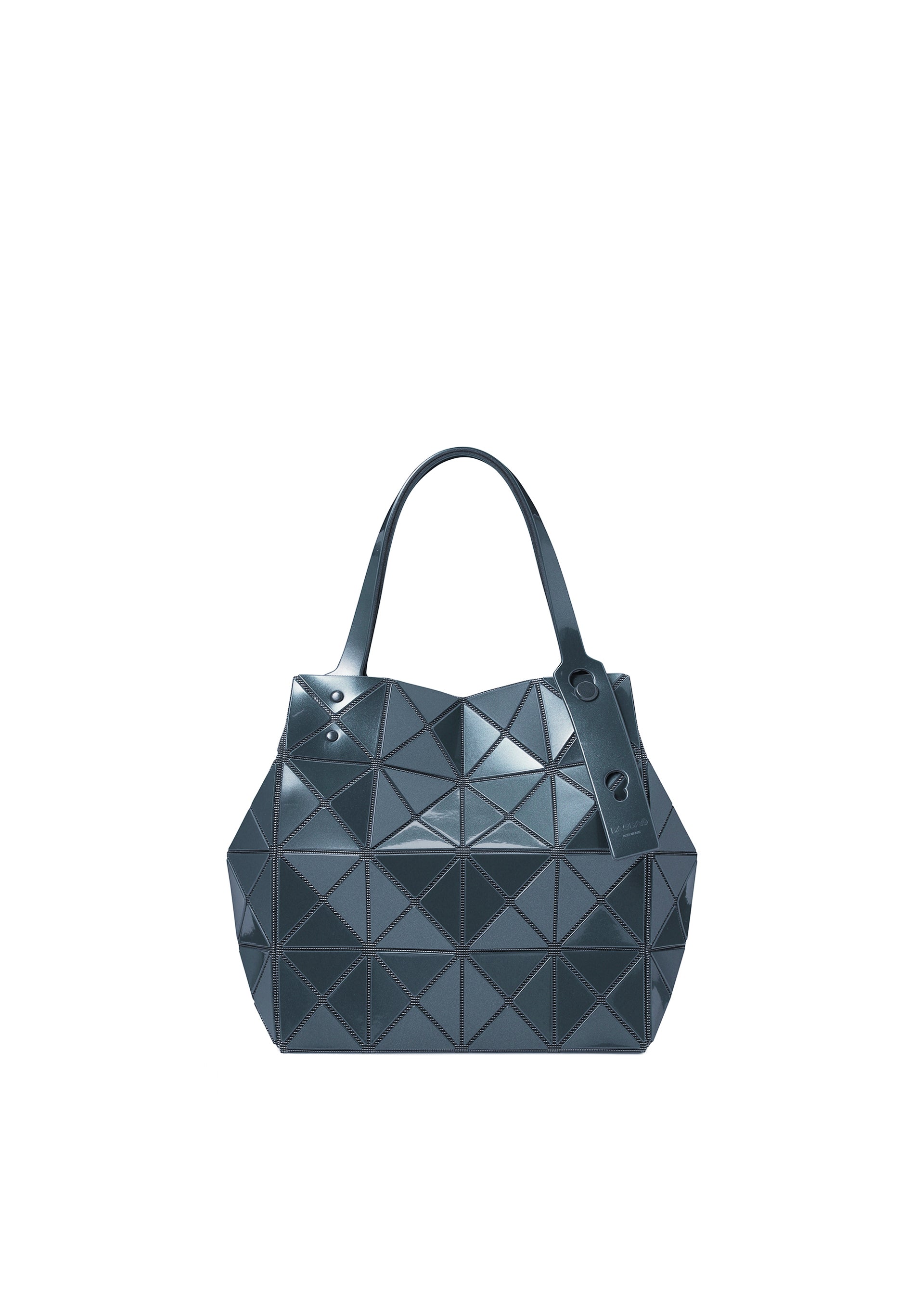 Zoomed view Introducing the CARAT tote bag by BAO BAO ISSEY MIYAKE—a dark blue handbag featuring a striking geometric pattern and glossy metallic finish. This modern, angular design is equipped with two sturdy handles and includes a convenient zippered pocket for secure storage. - OBSIDIAN BLACK （no.19）