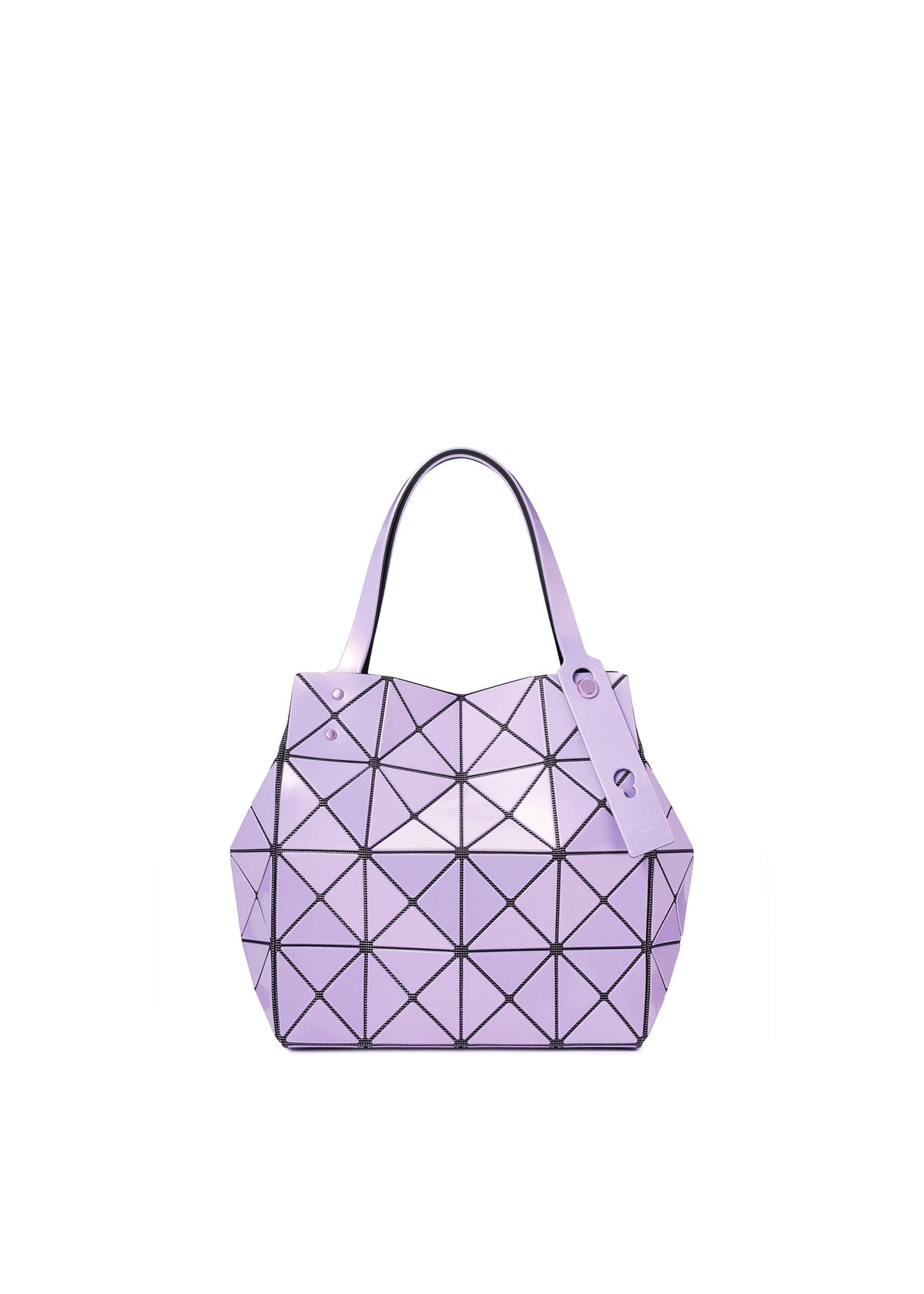 Introducing the CARAT handbag by BAO BAO ISSEY MIYAKE—a lavender geometric bag featuring a distinctive triangular pattern, dual handles, a matching tag attached to one handle, and a practical zippered pocket for added convenience. view 3 of 9