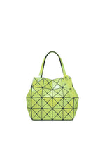 The CARAT tote bag by BAO BAO ISSEY MIYAKE features a striking lime green geometric design with black lines creating a pattern of triangles, two handles, a rectangular tag on one handle, and a secure zippered pocket for convenient storage. - SPHENE YELLOW （no.55）