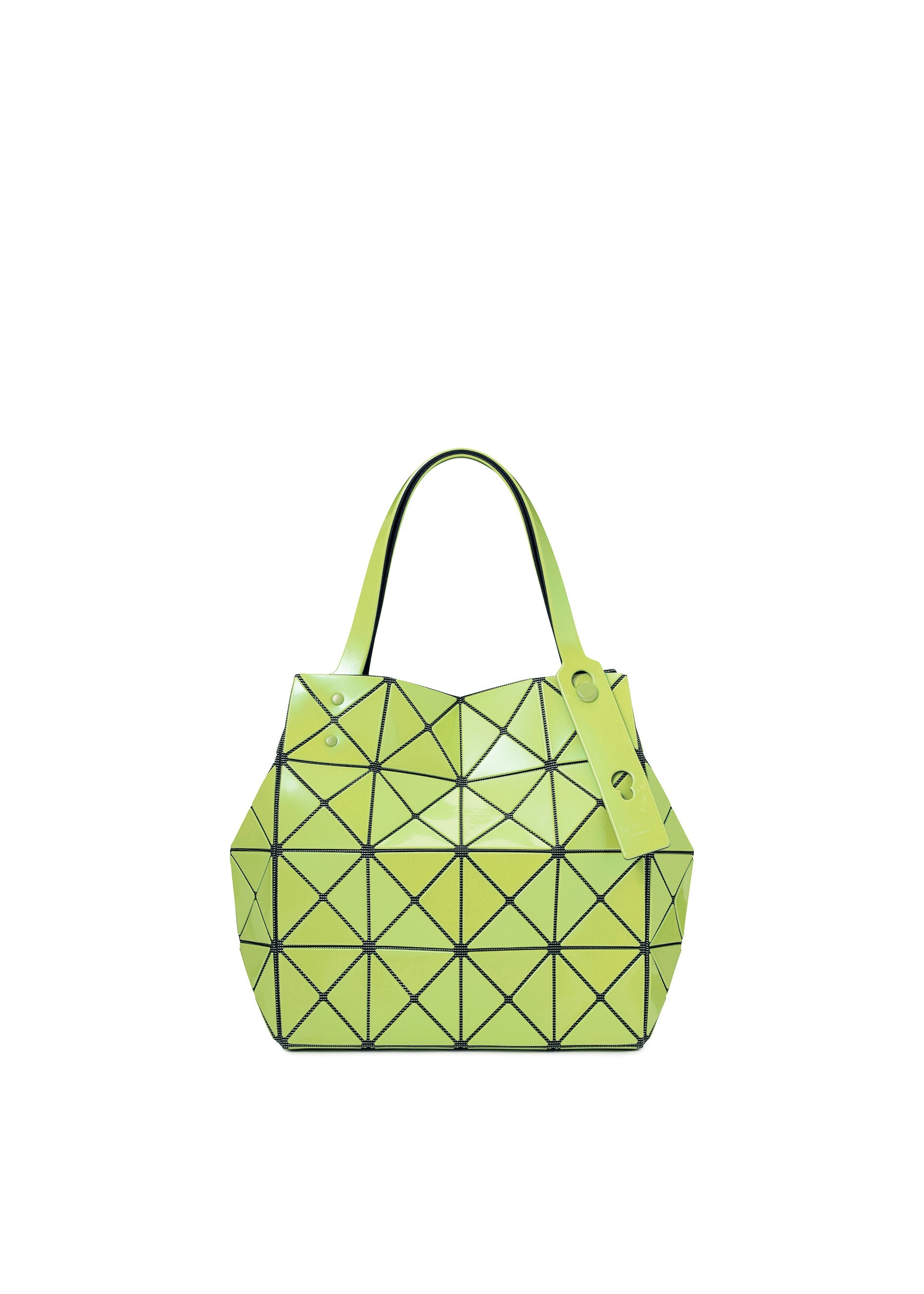 Zoomed view The CARAT tote bag by BAO BAO ISSEY MIYAKE features a striking lime green geometric design with black lines creating a pattern of triangles, two handles, a rectangular tag on one handle, and a secure zippered pocket for convenient storage. - SPHENE YELLOW （no.55）