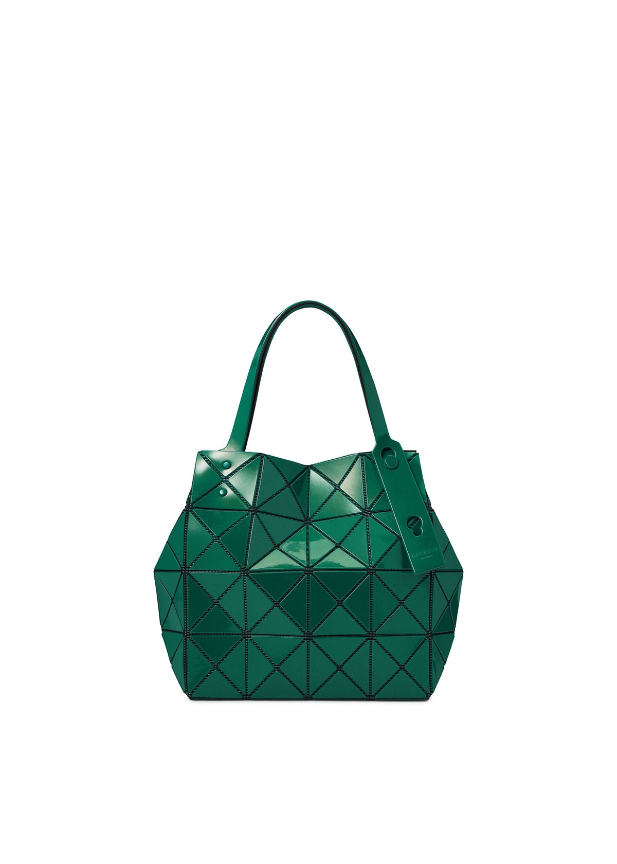 The CARAT handbag by BAO BAO ISSEY MIYAKE is a green geometric bag with a distinctive triangular pattern, two handles, and a tag near the top, also featuring a discreet zippered pocket for added convenience. view 5 of 9