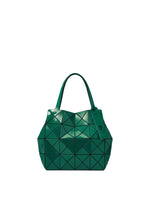 The CARAT handbag by BAO BAO ISSEY MIYAKE is a green geometric bag with a distinctive triangular pattern, two handles, and a tag near the top, also featuring a discreet zippered pocket for added convenience. - MALACHITE GREEN （no.67）