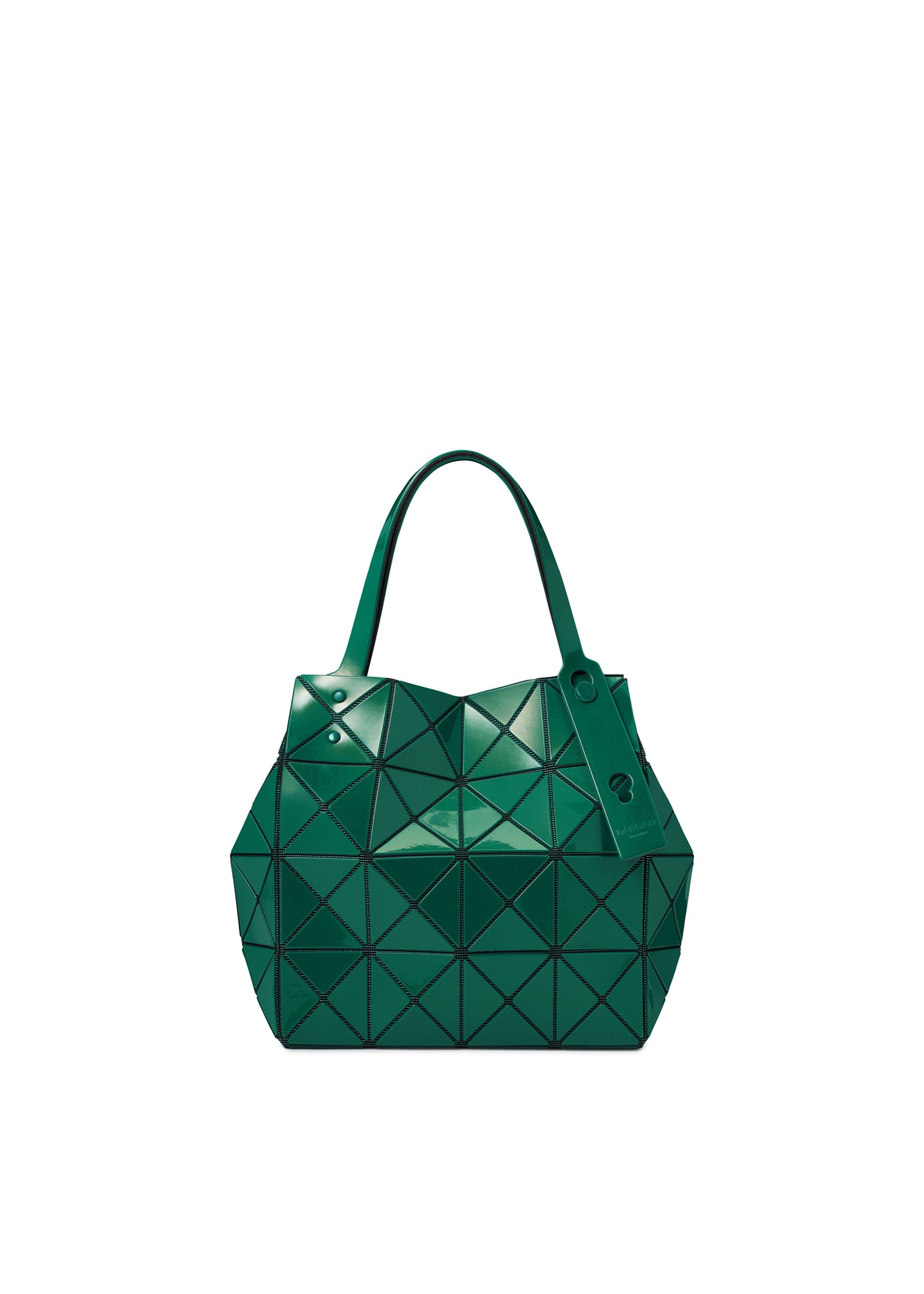 Zoomed view The CARAT handbag by BAO BAO ISSEY MIYAKE is a green geometric bag with a distinctive triangular pattern, two handles, and a tag near the top, also featuring a discreet zippered pocket for added convenience. - MALACHITE GREEN （no.67）