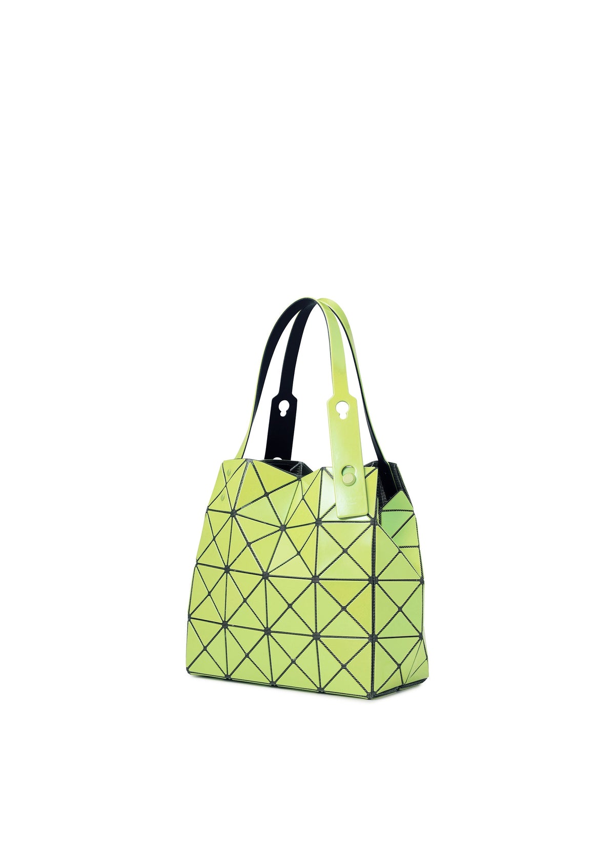 The CARAT handbag by BAO BAO ISSEY MIYAKE, featuring a geometric lime green metallic design with black triangular lines, black handles, a matching green luggage tag, and a convenient zippered pocket, is displayed on a white background. view 6 of 9