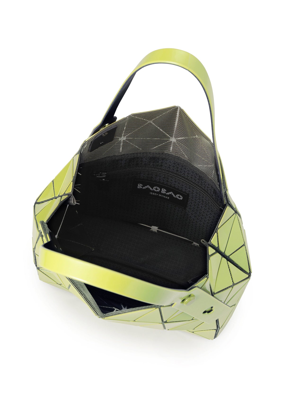 The CARAT handbag by BAO BAO ISSEY MIYAKE features a geometric lime green metallic exterior and black mesh lining, and is shown open to reveal its spacious interior with a zippered pocket inside. view 8 of 9