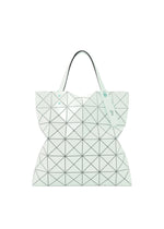 The LUCENT ONE-TONE tote bag by BAO BAO ISSEY MIYAKE features a glossy enamel finish, geometric triangular grid pattern, two handles, and a minimalist modern white design. - GREEN WHITE （no.04）