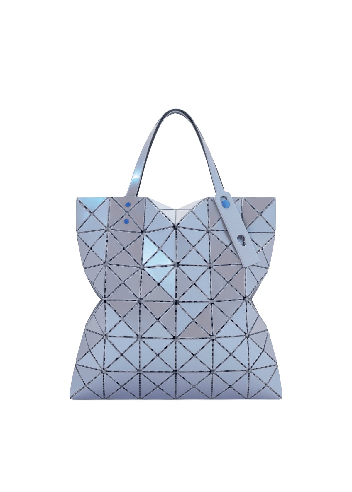 The LUCENT ONE-TONE tote by BAO BAO ISSEY MIYAKE features a geometric triangular pattern in silver-blue enamel, a shiny finish, two top handles, and a modern, structured silhouette. view 2 of 10