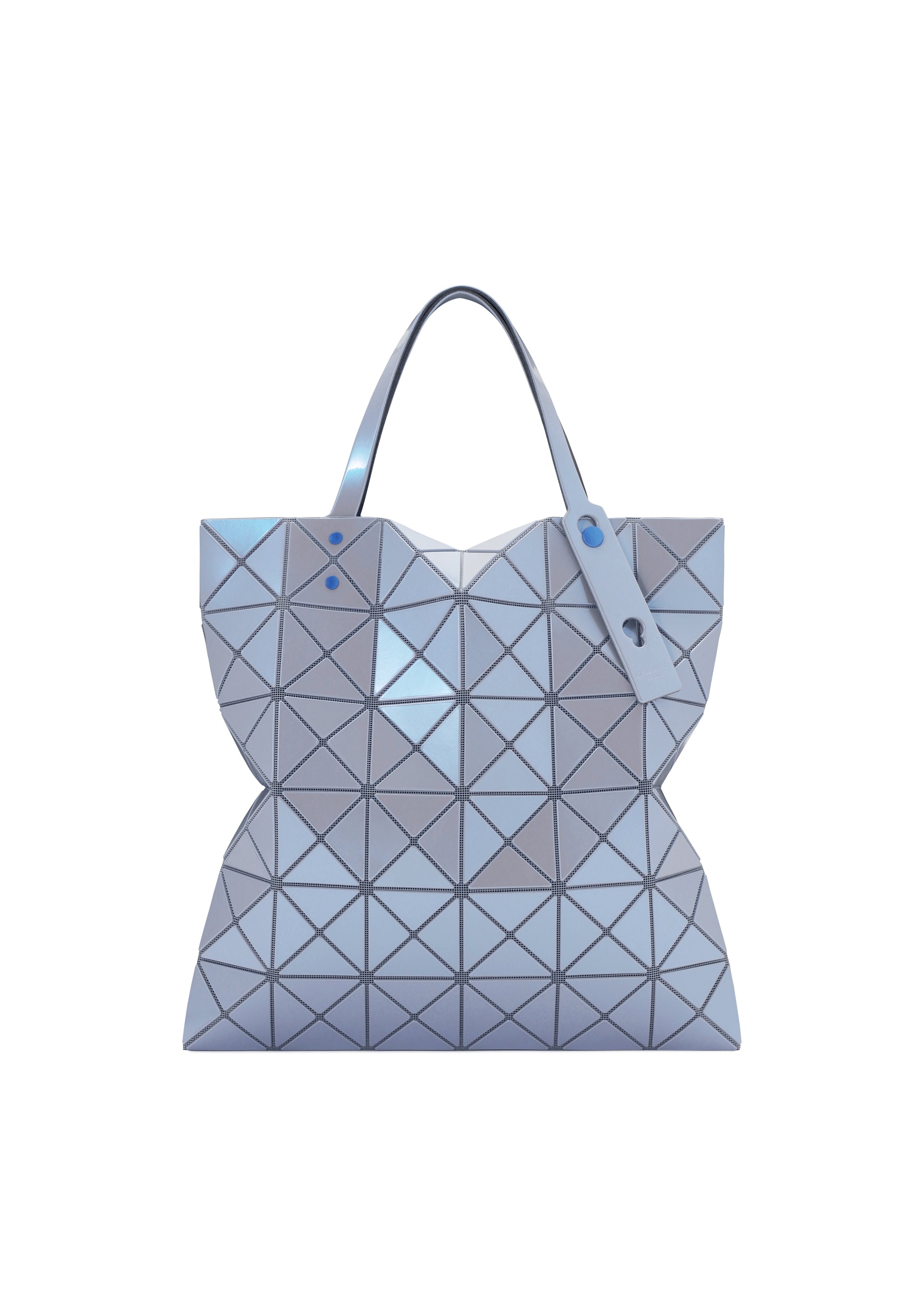 Zoomed view The LUCENT ONE-TONE tote by BAO BAO ISSEY MIYAKE features a geometric triangular pattern in silver-blue enamel, a shiny finish, two top handles, and a modern, structured silhouette. - BLUE GRAY （no.10）
