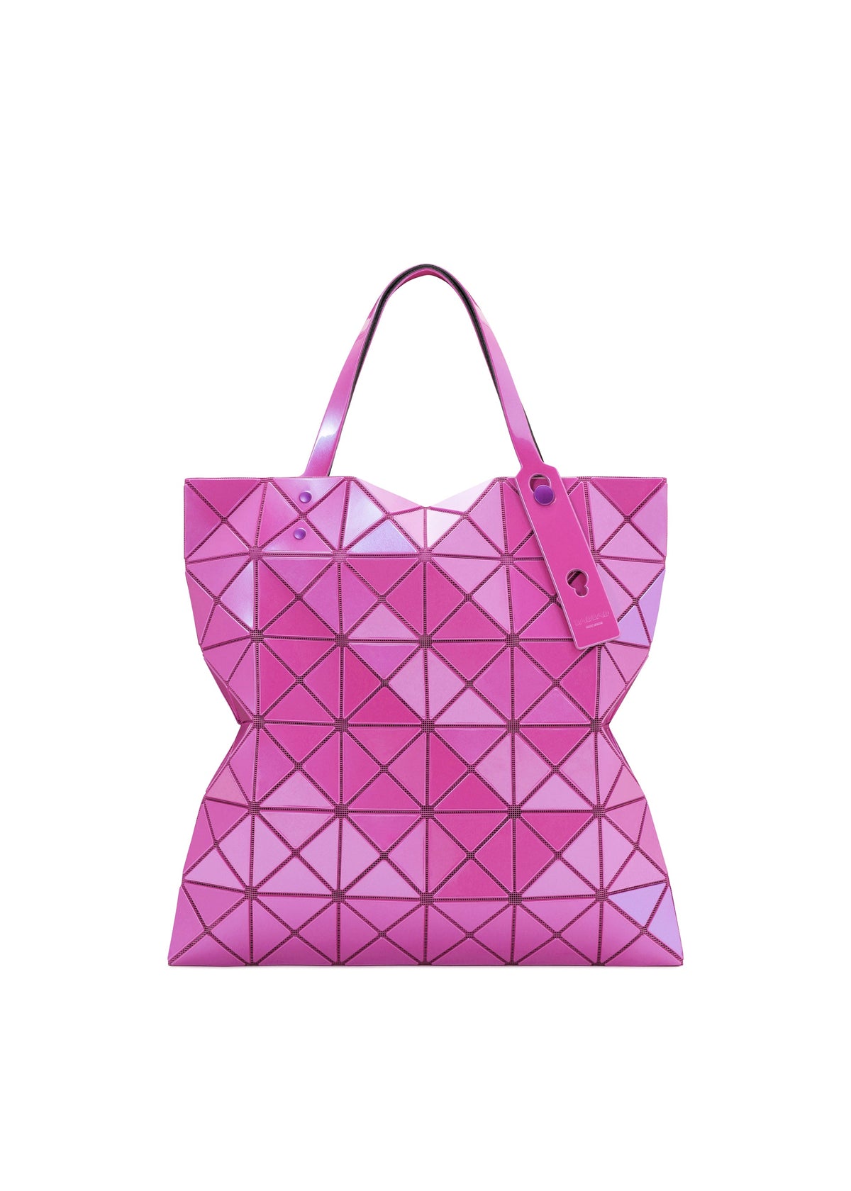 The LUCENT ONE-TONE by BAO BAO ISSEY MIYAKE is a pink enamel tote bag with geometric triangular patterns, dual handles, and a matching pink tag on one handle. view 3 of 10