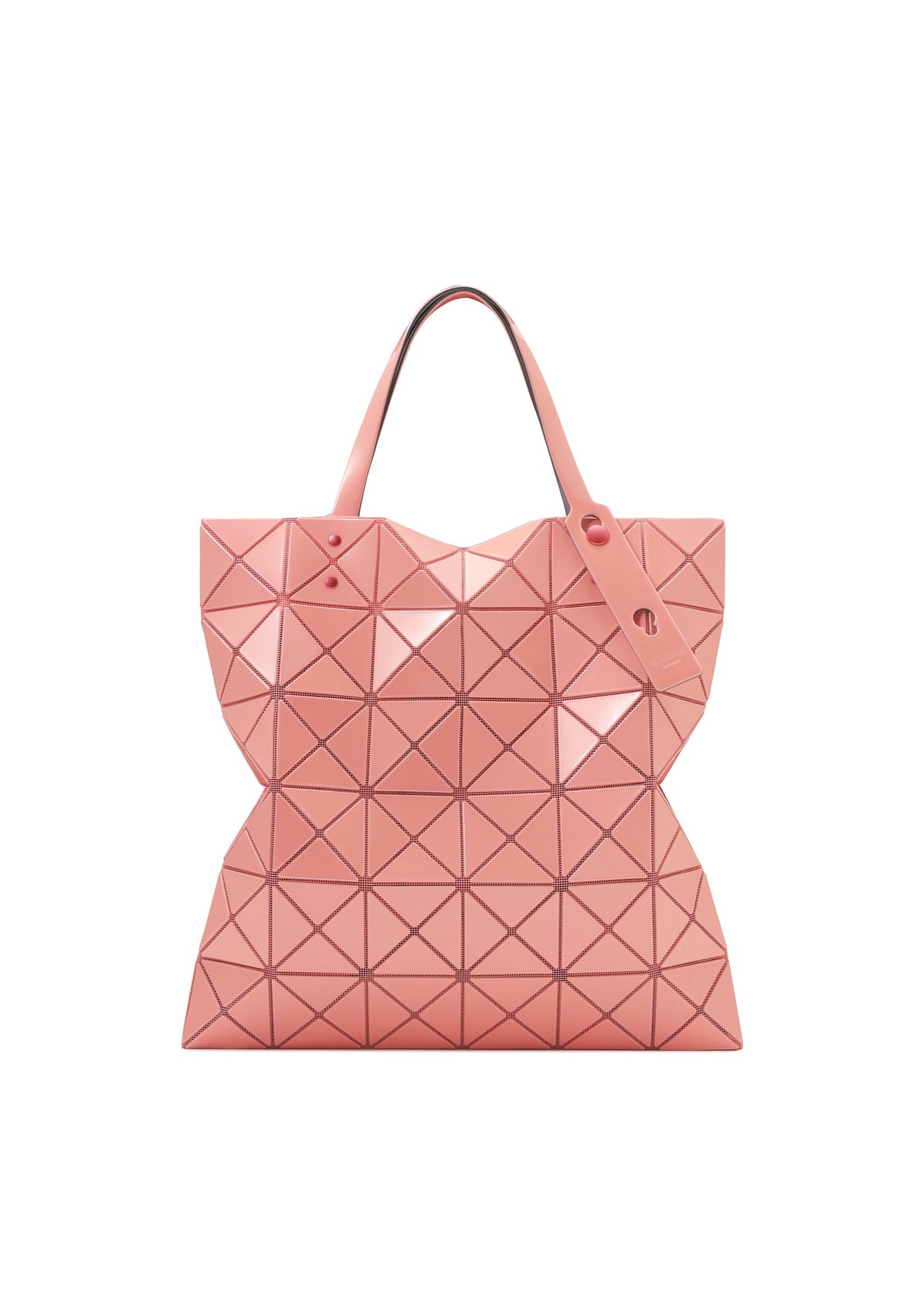 The BAO BAO ISSEY MIYAKE LUCENT ONE-TONE tote bag, featuring pink triangular geometric patterns, two handles, and a glossy enamel finish, is displayed against a white background. view 4 of 10