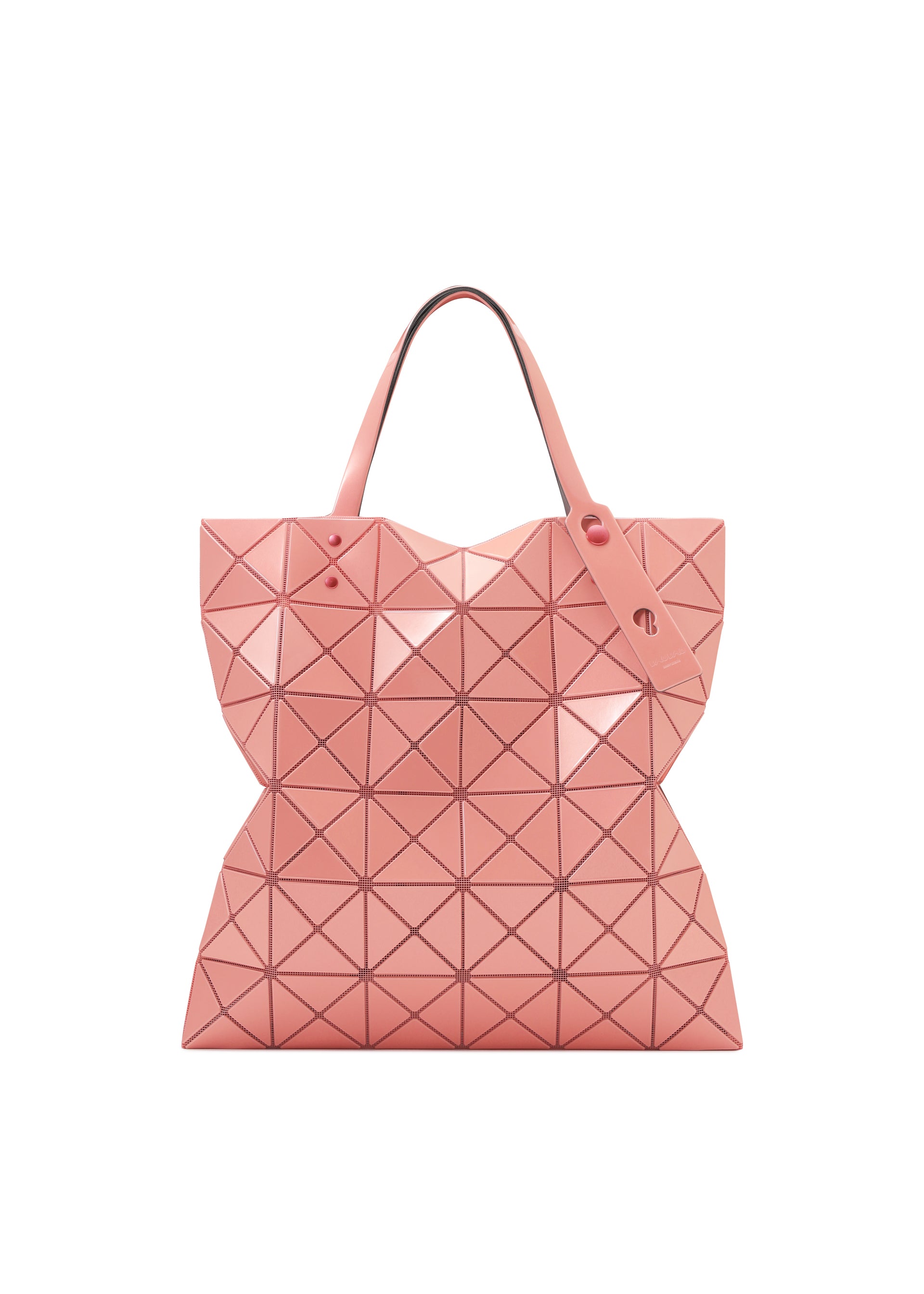 Zoomed view The BAO BAO ISSEY MIYAKE LUCENT ONE-TONE tote bag, featuring pink triangular geometric patterns, two handles, and a glossy enamel finish, is displayed against a white background. - SUNSET CORAL （no.31）