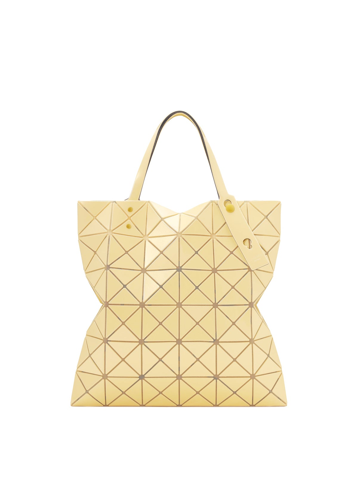 The LUCENT ONE-TONE tote by BAO BAO ISSEY MIYAKE is a geometric, light yellow bag with triangular panels, two handles, and a modern structured design in glossy enamel. view 5 of 10