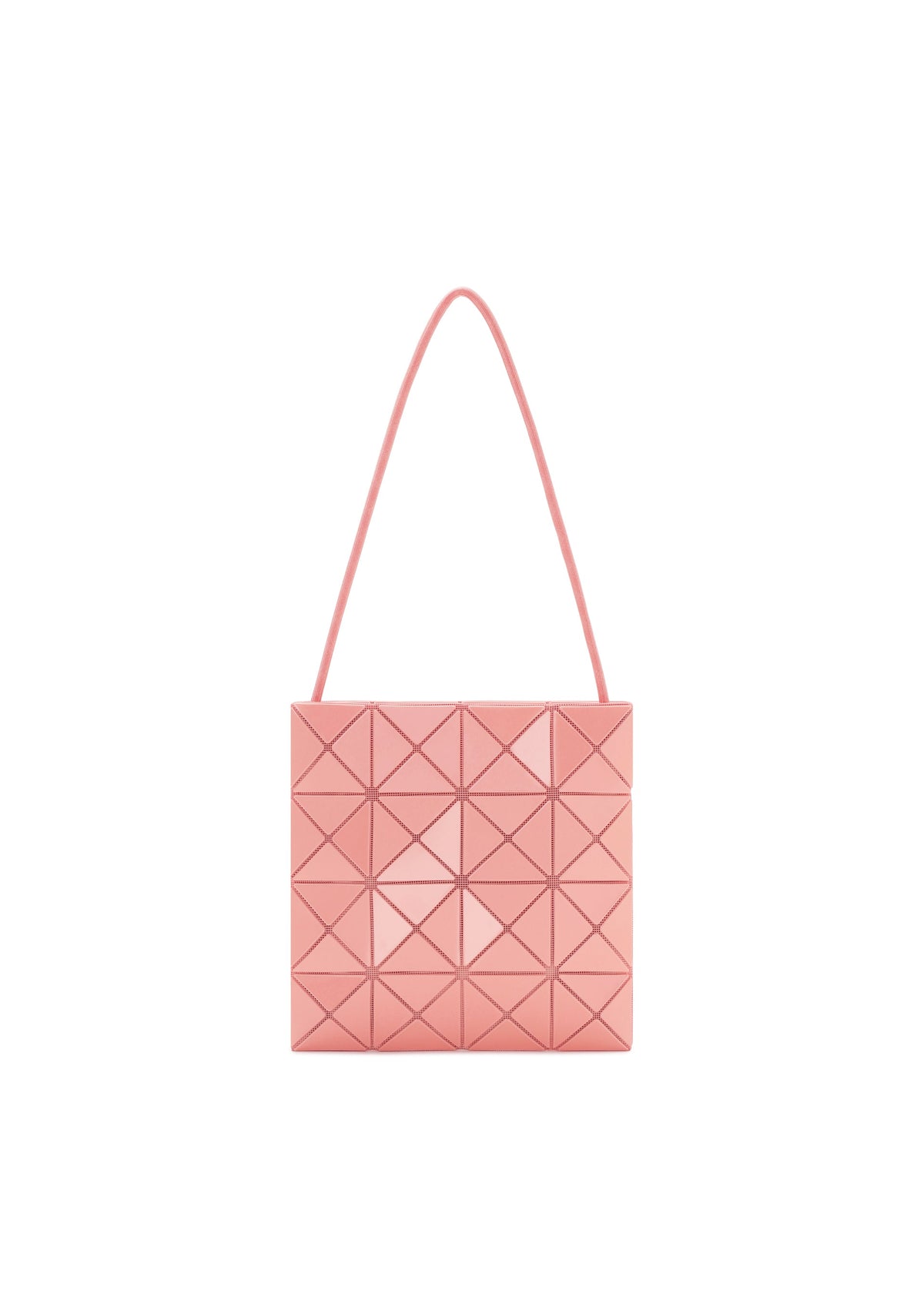 The LUCENT ONE-TONE tote by BAO BAO ISSEY MIYAKE is a pink bag with a geometric triangular pattern and single strap, ideal for everyday essentials, shown against a white background. view 4 of 10