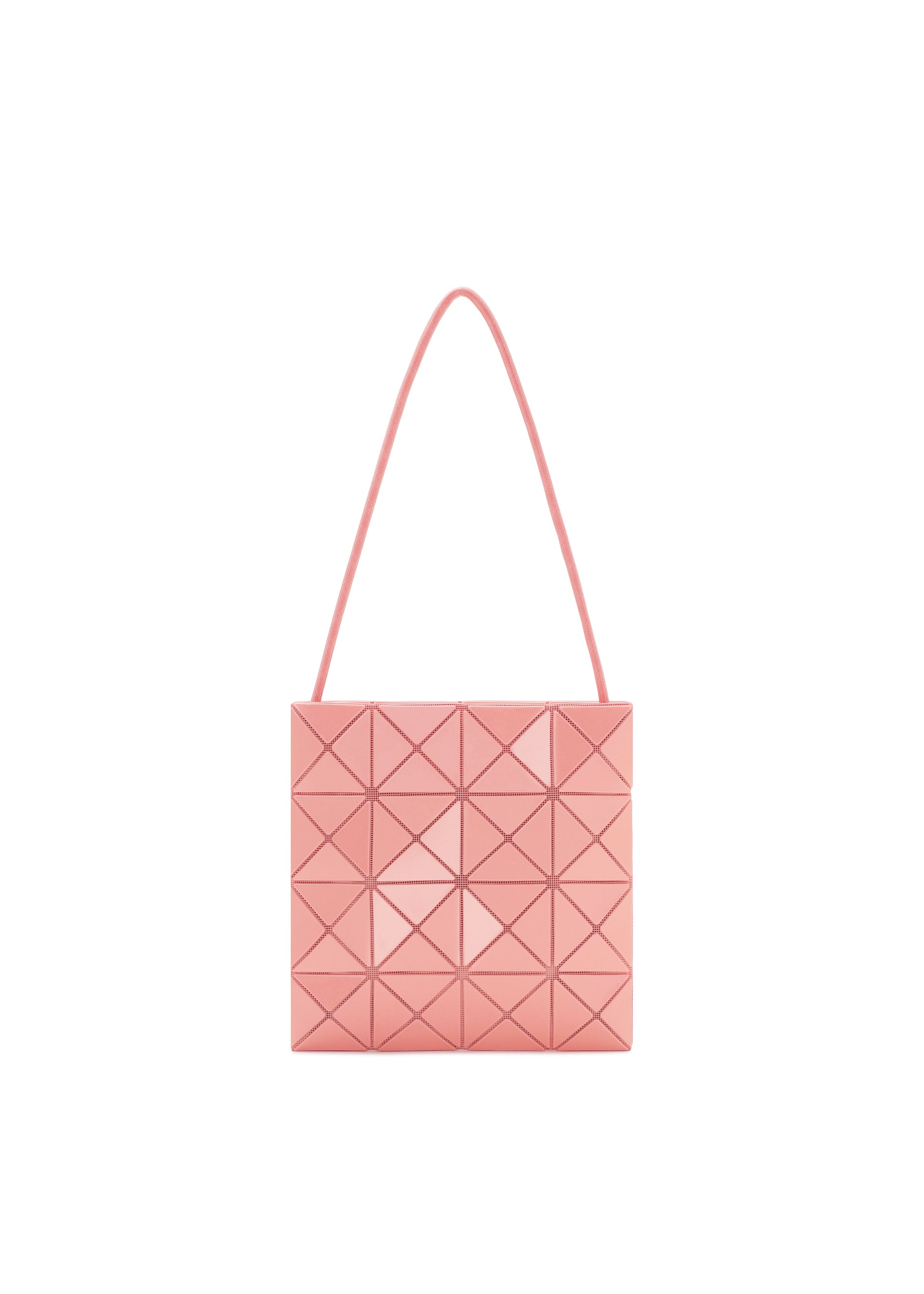 Zoomed view The LUCENT ONE-TONE tote by BAO BAO ISSEY MIYAKE is a pink bag with a geometric triangular pattern and single strap, ideal for everyday essentials, shown against a white background. - SUNSET CORAL （no.31）