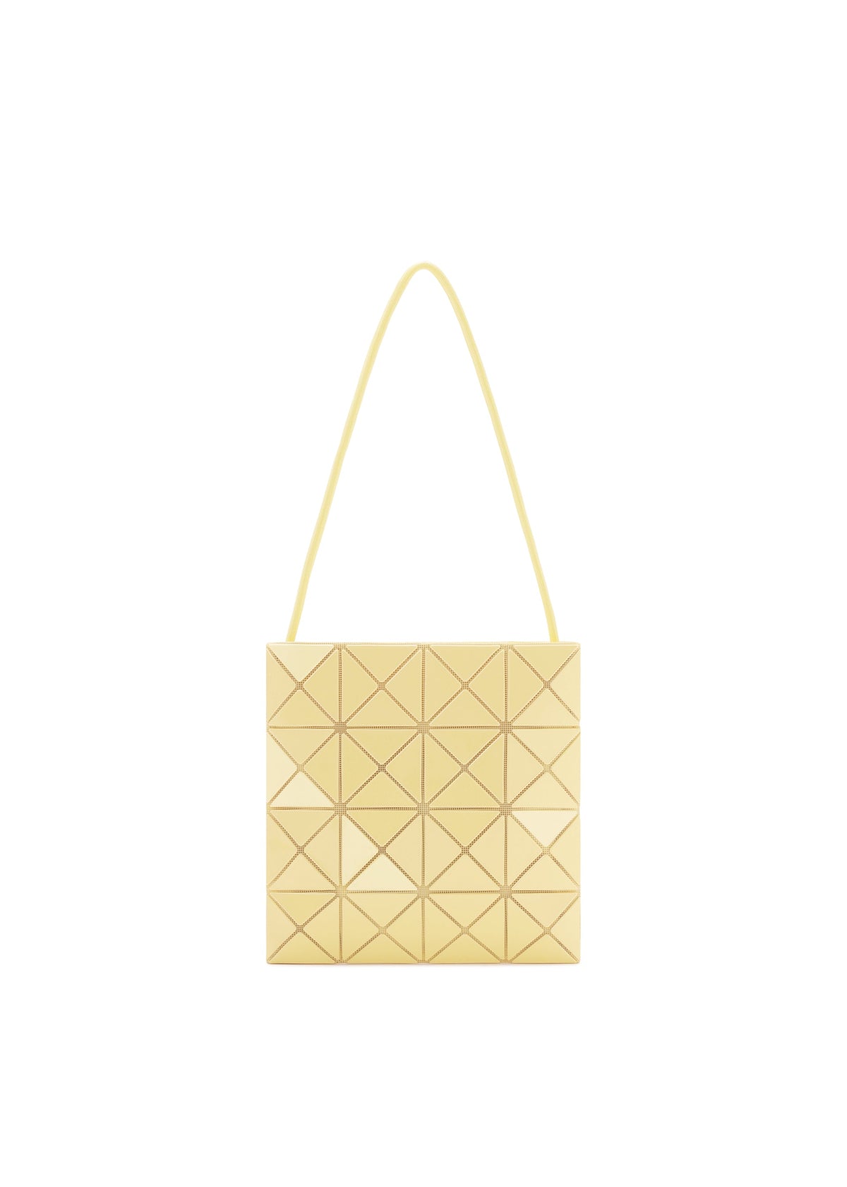 A square, pale yellow BAO BAO ISSEY MIYAKE LUCENT ONE-TONE tote bag with a geometric raised triangle pattern and a single thin shoulder strap, shown on a white background. view 5 of 10