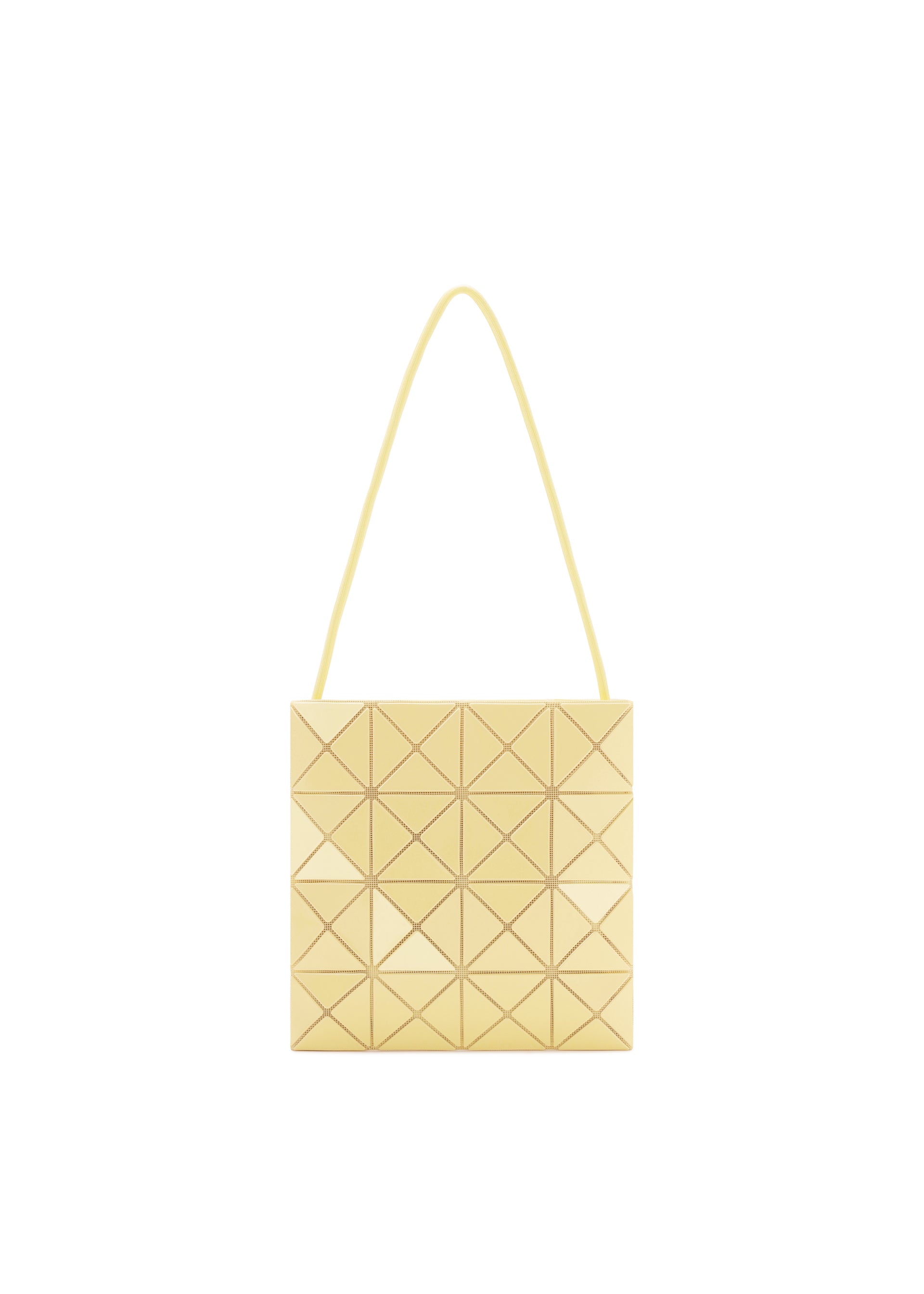 Zoomed view A square, pale yellow BAO BAO ISSEY MIYAKE LUCENT ONE-TONE tote bag with a geometric raised triangle pattern and a single thin shoulder strap, shown on a white background. - SUNLIGHT YELLOW （no.54）