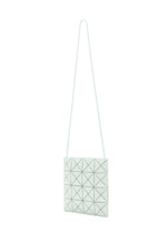 The LUCENT ONE-TONE tote bag by BAO BAO ISSEY MIYAKE is a minimalist white bag with a geometric grid of triangular shapes and a long, thin strap, shown against a plain white background.