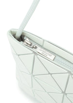 Close-up of a light grey geometric-patterned LUCENT ONE-TONE tote bag by BAO BAO ISSEY MIYAKE, featuring a silver zipper and a metal brand label.