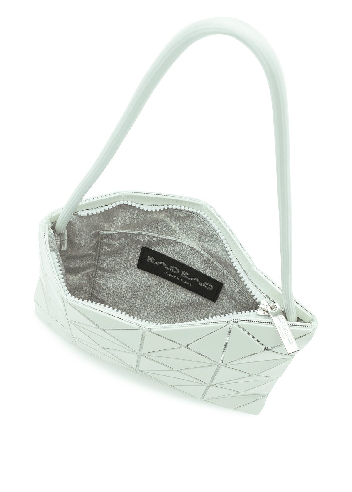 A light gray geometric-patterned BAO BAO ISSEY MIYAKE LUCENT ONE-TONE tote bag with a zippered top and single arched strap, open to reveal the interior lining and designer label—an ideal A4 laptop tote for daily use. view 8 of 10
