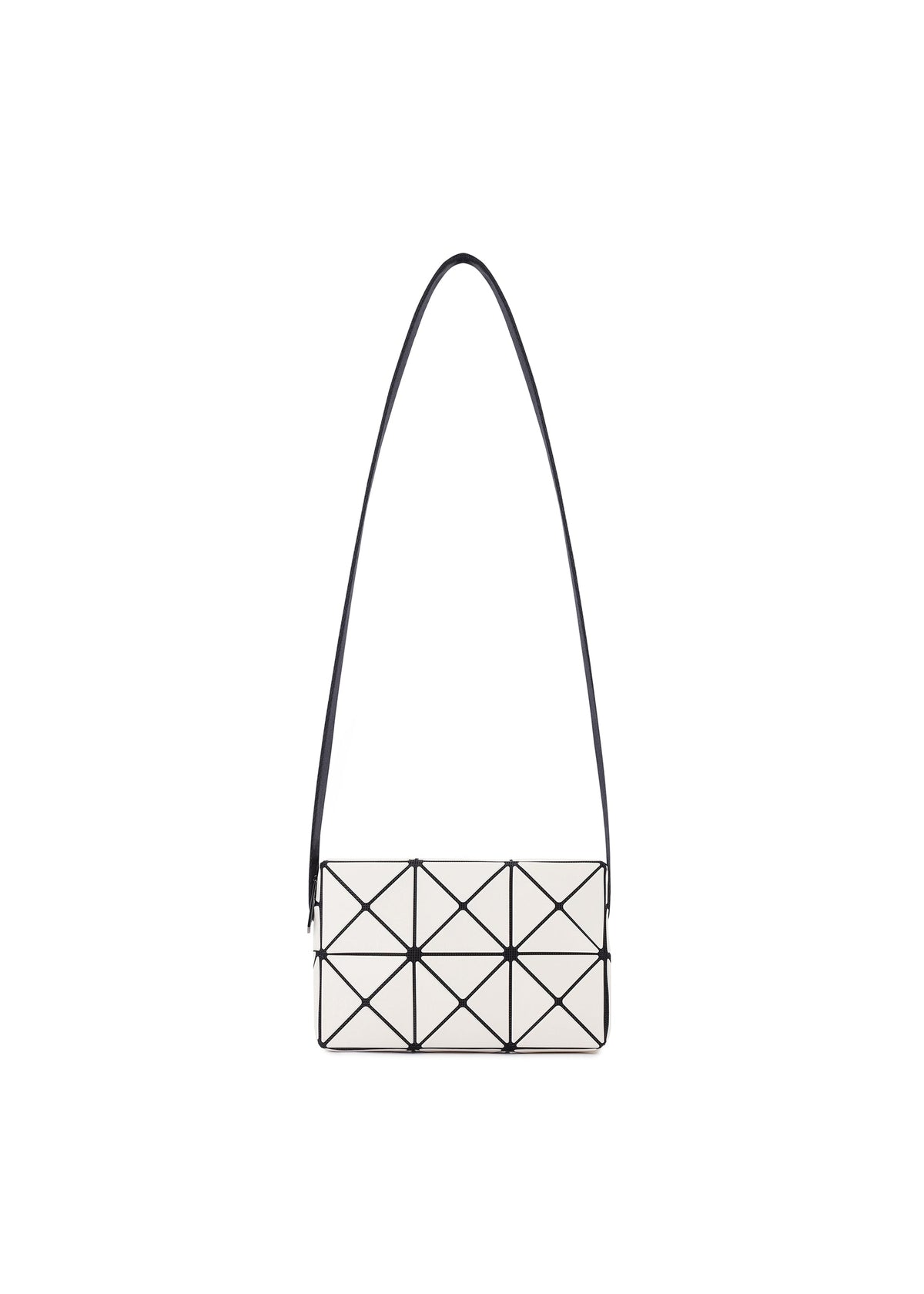 CUBOID by BAO BAO ISSEY MIYAKE is a rectangular white shoulder bag featuring a geometric black grid pattern and a long, slim adjustable strap, showcased against a plain white background—a truly minimalist accessory crafted for effortless style. view 1 of 8