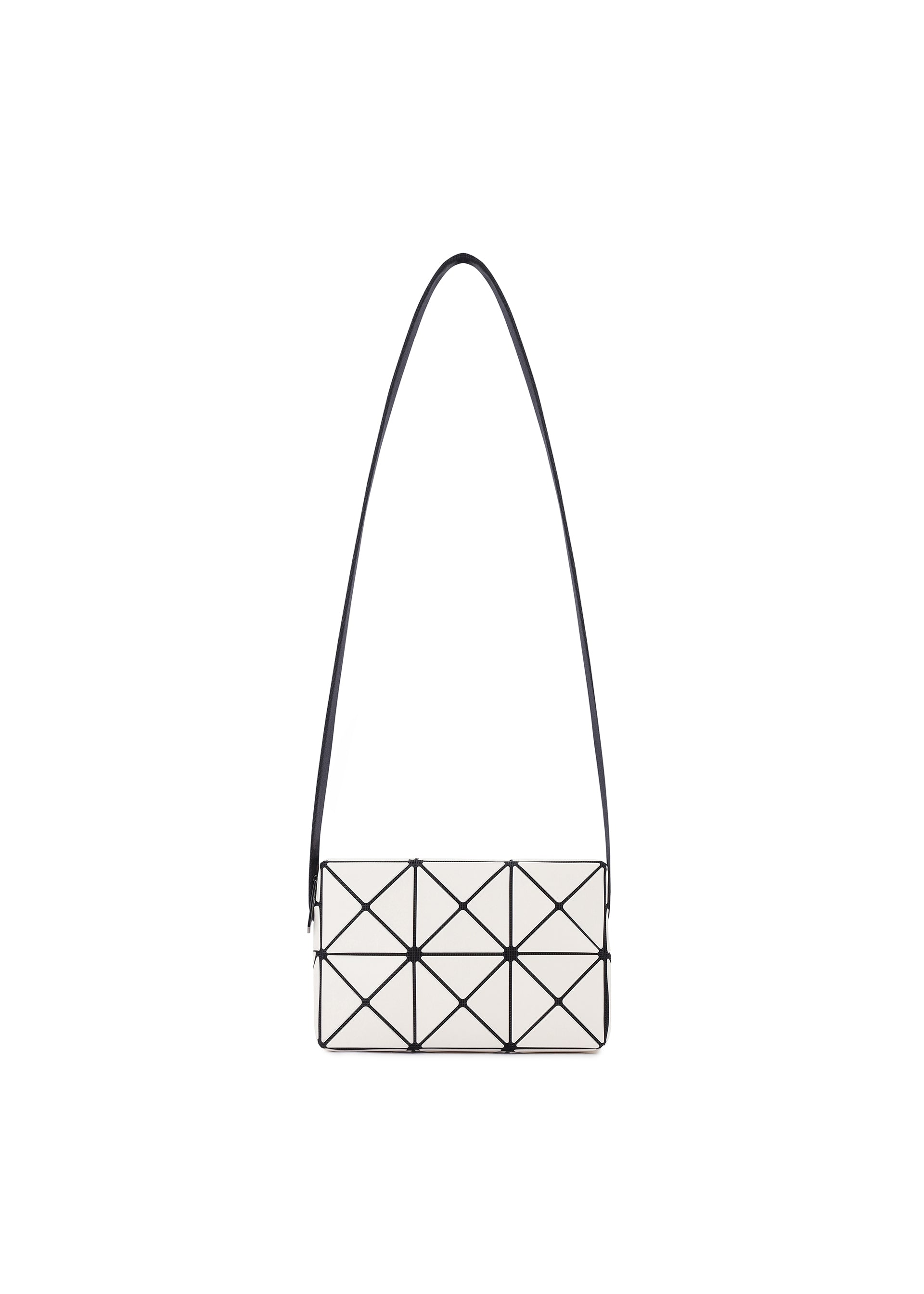 Zoomed view CUBOID by BAO BAO ISSEY MIYAKE is a rectangular white shoulder bag featuring a geometric black grid pattern and a long, slim adjustable strap, showcased against a plain white background—a truly minimalist accessory crafted for effortless style. - OFF WHITE （no.03）