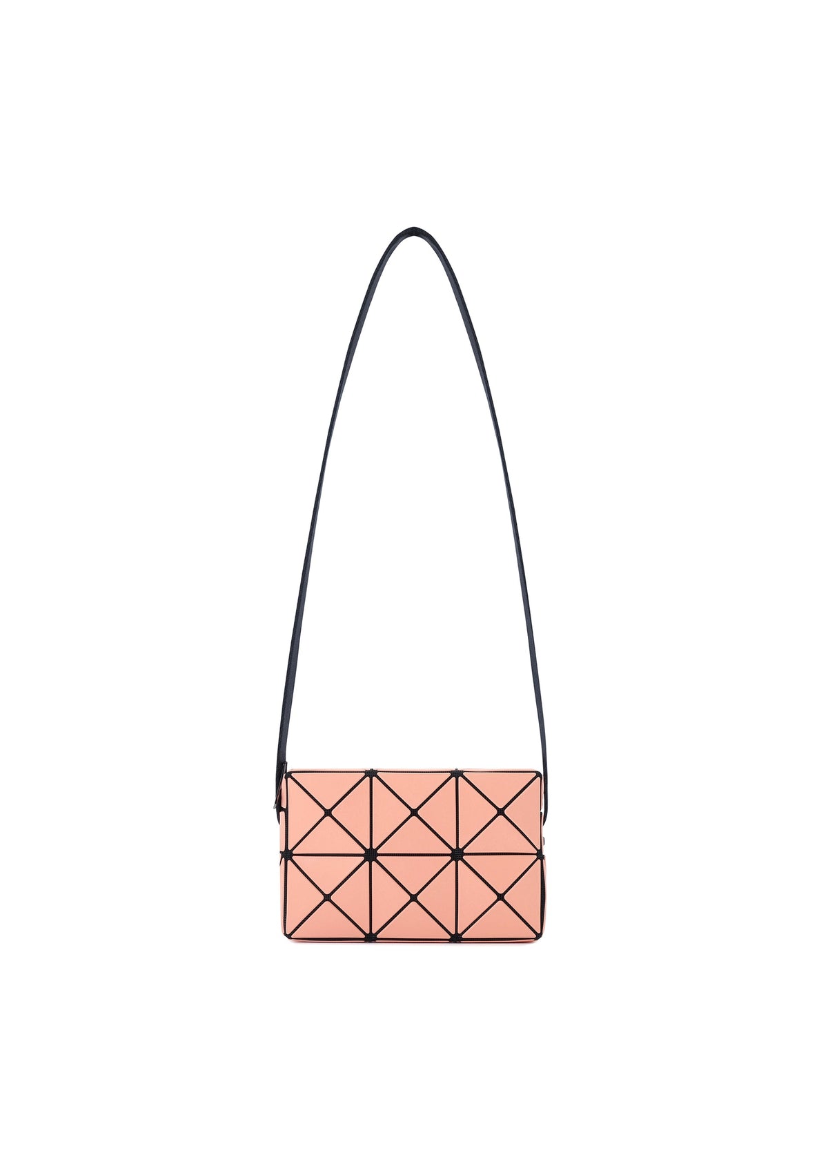 The CUBOID bag by BAO BAO ISSEY MIYAKE features a rectangular, minimalist design with a peach-colored geometric pattern, accented by black outlines and a long adjustable strap, shown against a white background. view 2 of 8