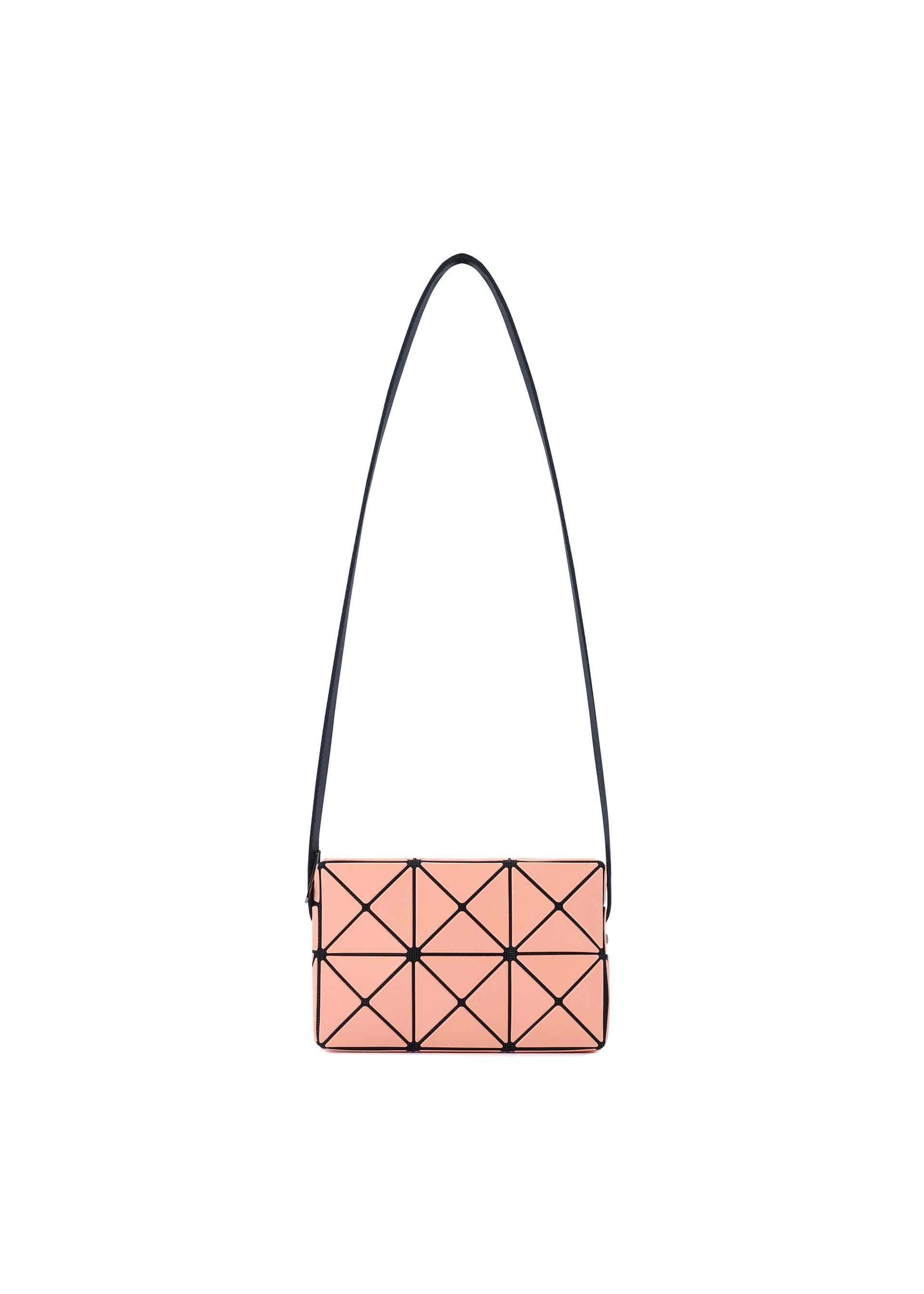 Zoomed view The CUBOID bag by BAO BAO ISSEY MIYAKE features a rectangular, minimalist design with a peach-colored geometric pattern, accented by black outlines and a long adjustable strap, shown against a white background. - CORAL ORANGE （no.30）