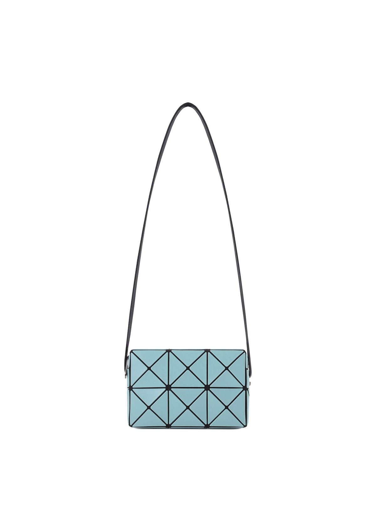 The CUBOID by BAO BAO ISSEY MIYAKE is a small, rectangular light blue shoulder bag featuring geometric black lines that form triangular patterns, and comes with a long, thin adjustable strap. It is displayed on a white background. view 3 of 8