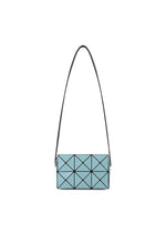 The CUBOID by BAO BAO ISSEY MIYAKE is a small, rectangular light blue shoulder bag featuring geometric black lines that form triangular patterns, and comes with a long, thin adjustable strap. It is displayed on a white background. - AQUA GREEN （no.61）