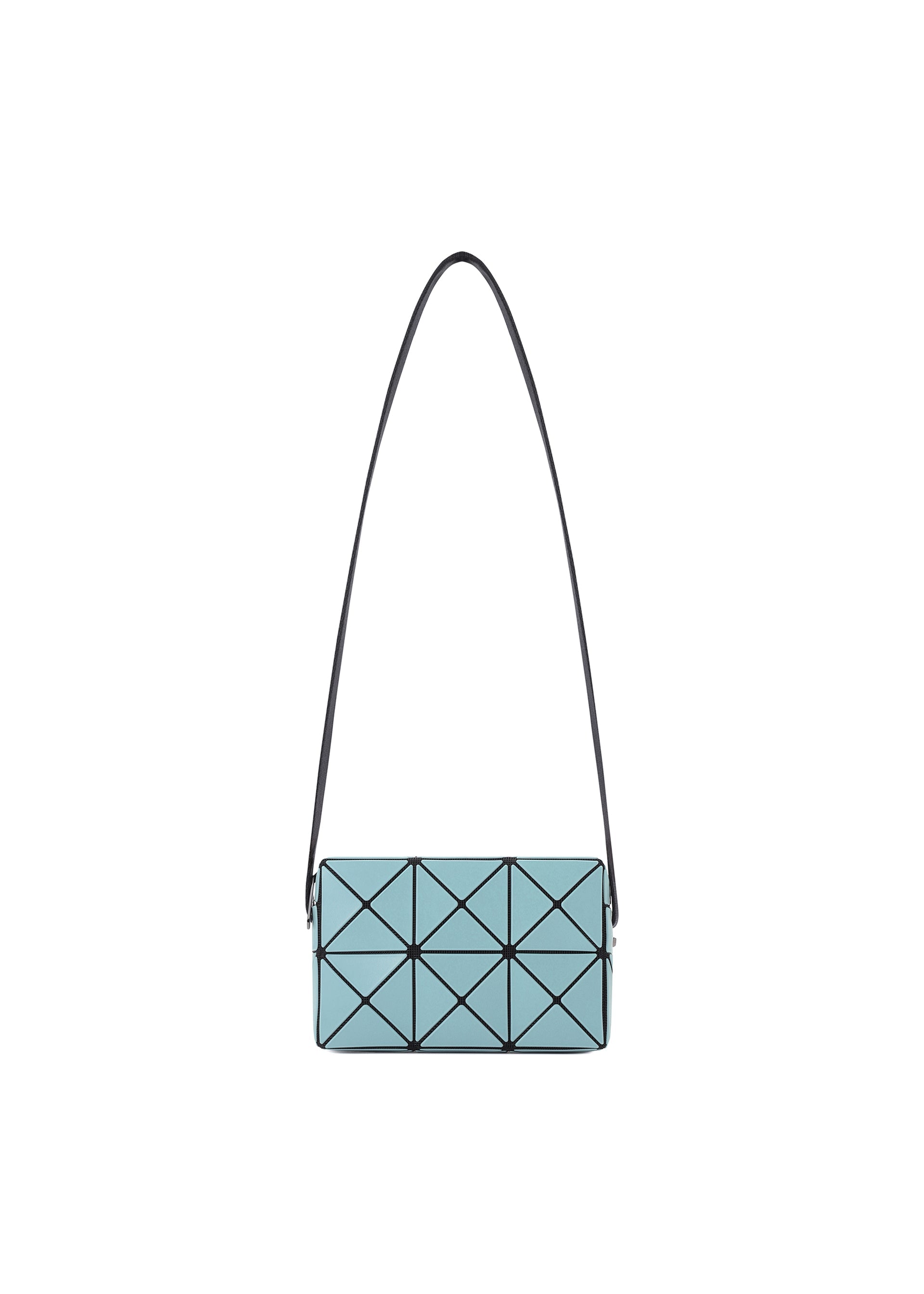 Zoomed view The CUBOID by BAO BAO ISSEY MIYAKE is a small, rectangular light blue shoulder bag featuring geometric black lines that form triangular patterns, and comes with a long, thin adjustable strap. It is displayed on a white background. - AQUA GREEN （no.61）