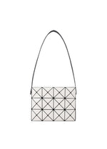 Introducing the CUBOID shoulder bag by BAO BAO ISSEY MIYAKE—a modern, minimalist accessory in geometric white with black lines that create striking triangles and diamonds. This cuboid-shaped bag features a single black strap and is showcased against a plain white background. - OFF WHITE （no.03）