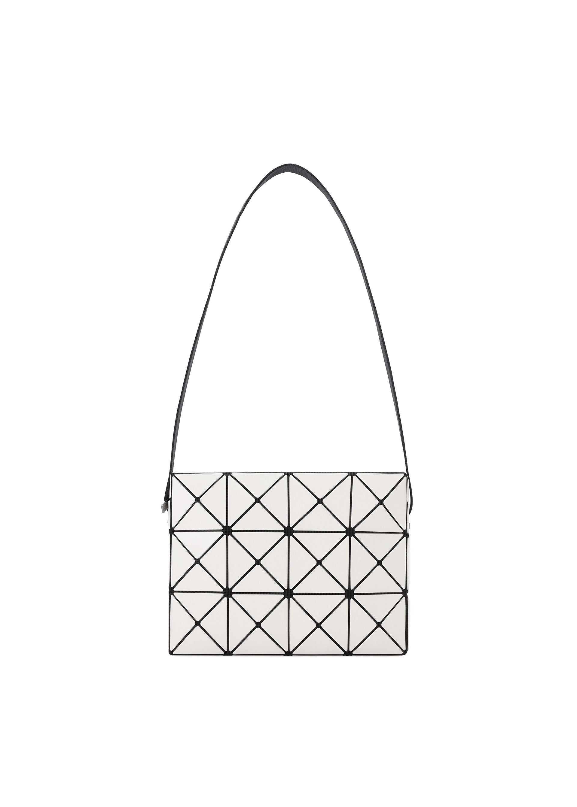 Zoomed view Introducing the CUBOID shoulder bag by BAO BAO ISSEY MIYAKE—a modern, minimalist accessory in geometric white with black lines that create striking triangles and diamonds. This cuboid-shaped bag features a single black strap and is showcased against a plain white background. - OFF WHITE （no.03）