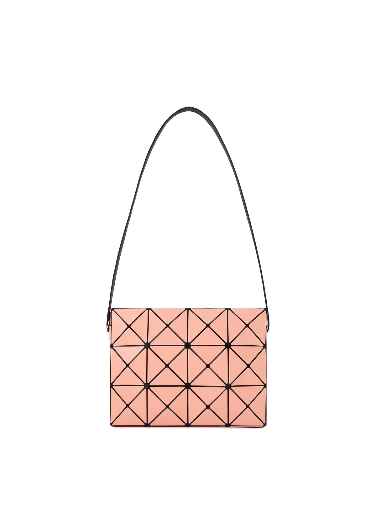 The CUBOID bag by BAO BAO ISSEY MIYAKE is a pink, minimalist shoulder bag with a cuboid shape, accented by black geometric lines and a single black shoulder strap, shown against a white background. view 2 of 8