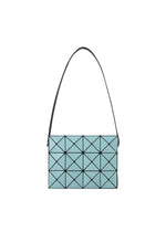 The CUBOID by BAO BAO ISSEY MIYAKE is a light blue rectangular shoulder bag with a minimalist design, featuring a geometric triangular grid pattern and a black strap, displayed on a white background. - AQUA GREEN （no.61）