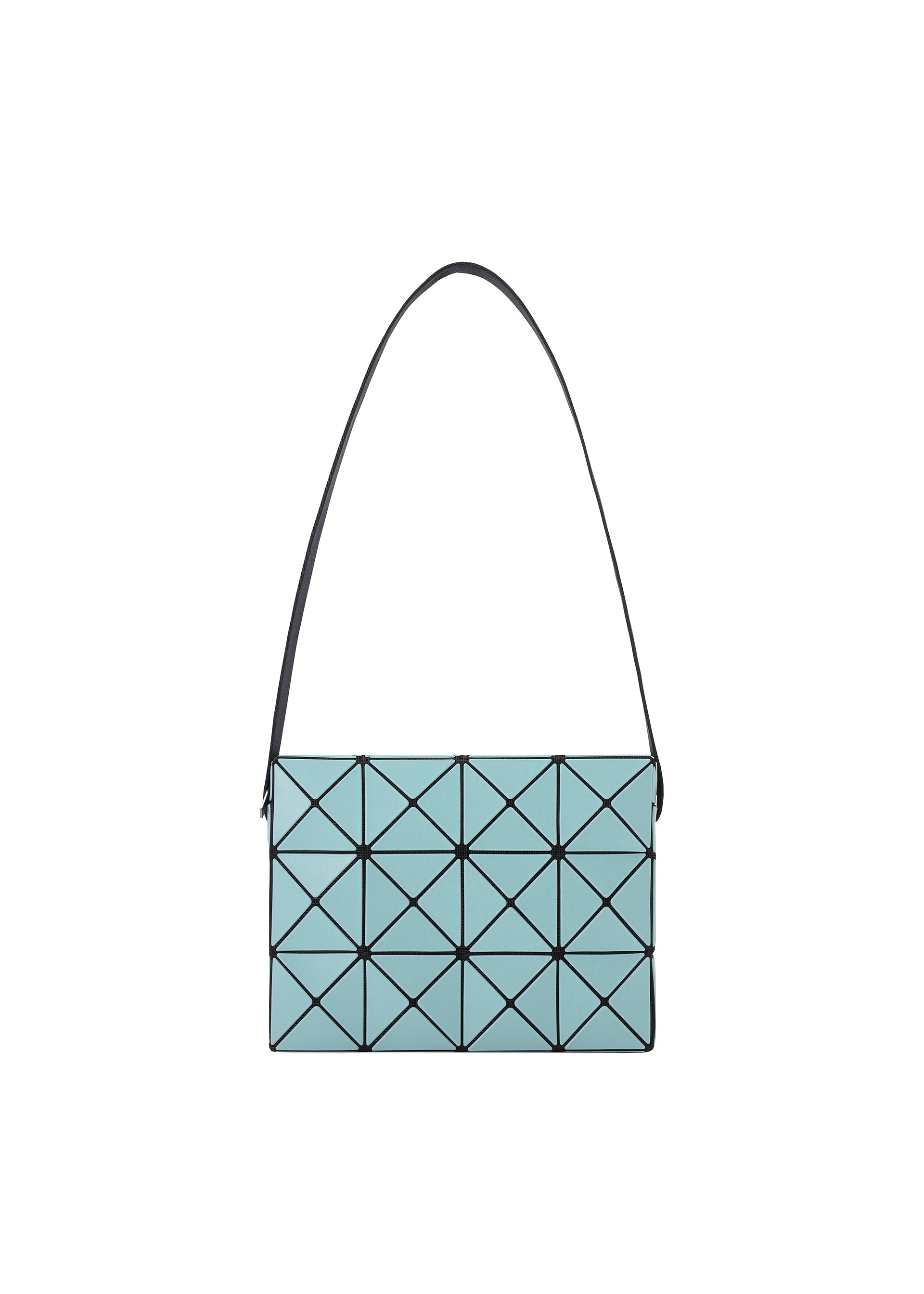 Zoomed view The CUBOID by BAO BAO ISSEY MIYAKE is a light blue rectangular shoulder bag with a minimalist design, featuring a geometric triangular grid pattern and a black strap, displayed on a white background. - AQUA GREEN （no.61）