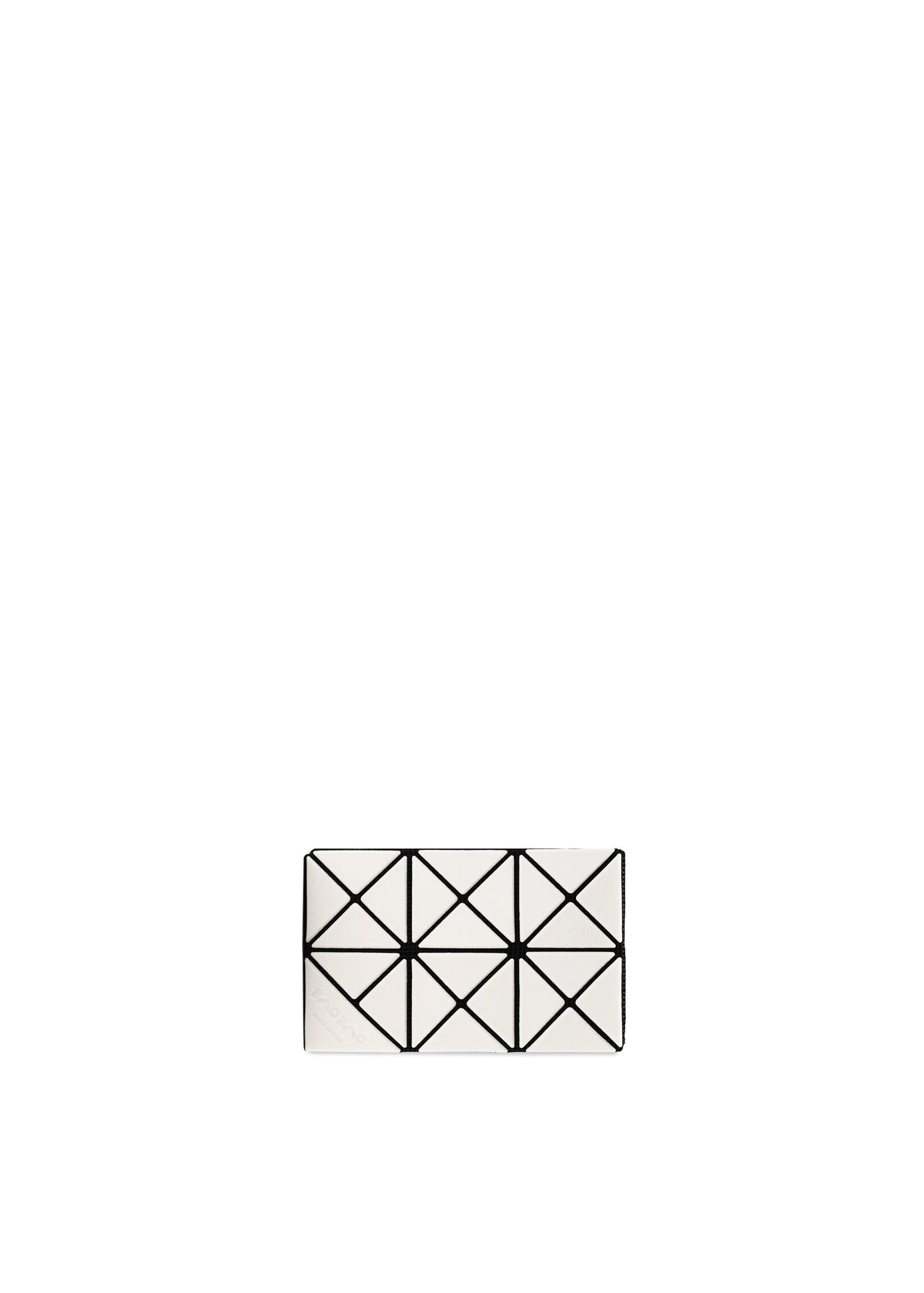 The TWINKLE by BAO BAO ISSEY MIYAKE is a small white rectangular clutch with a minimalist geometric black-line triangle pattern, resembling an elegant business card holder. view 1 of 7