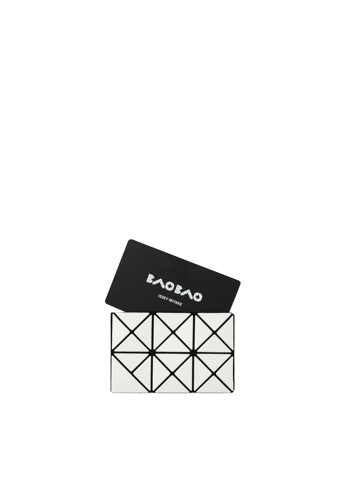 A geometric black-and-white TWINKLE clutch bag with triangular patterns and minimalist design sits open, displaying the BAO BAO ISSEY MIYAKE logo on its inner flap against a plain white background. view 5 of 7