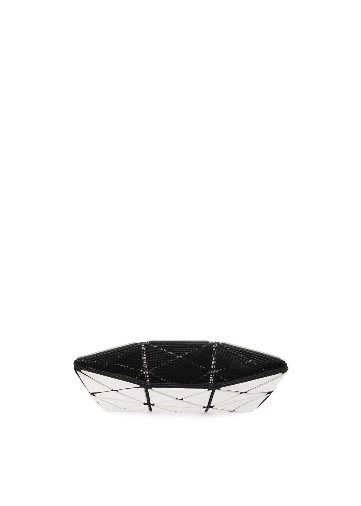 Zoomed view The TWINKLE by BAO BAO ISSEY MIYAKE is a geometric black and white clutch or card case with a flat bottom and triangular pattern, shown on a plain white background.