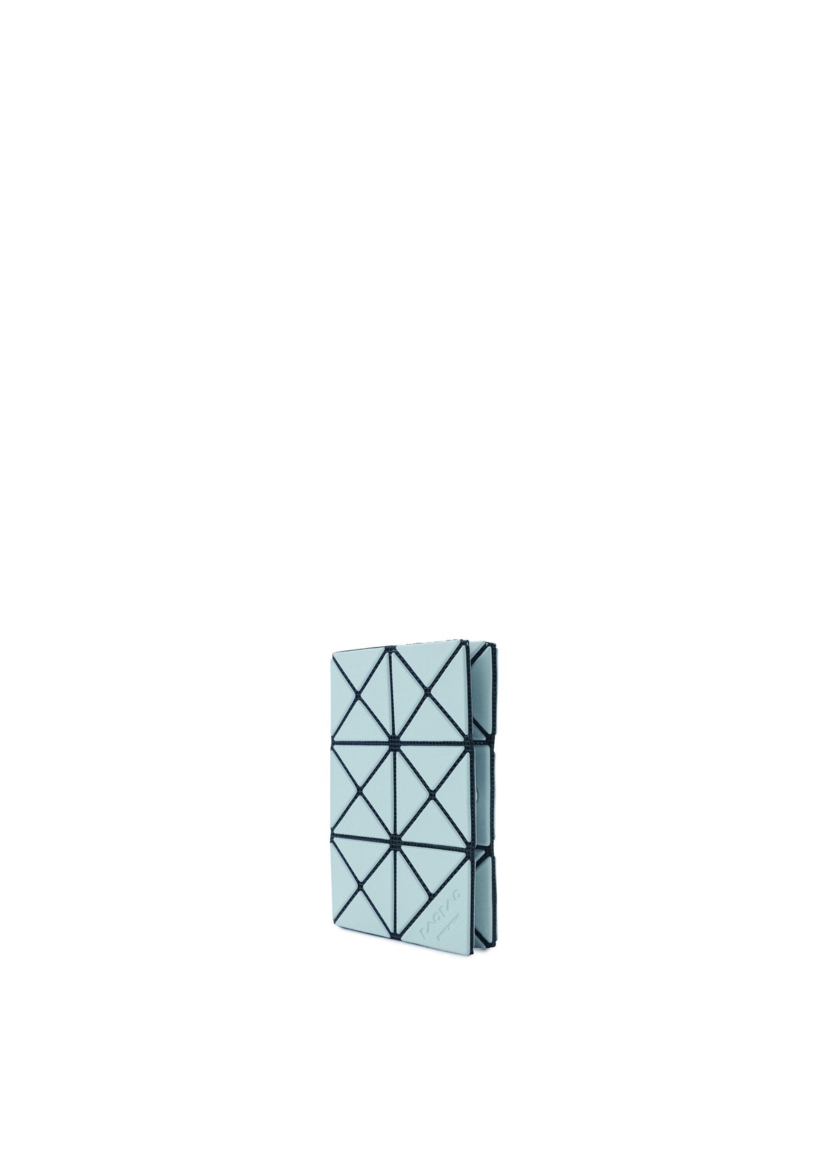 A small, light blue TWINKLE wallet by BAO BAO ISSEY MIYAKE features black grid lines and triangular patterns, ideal as a card holder or coin case, shown standing upright on a plain white background. view 5 of 6