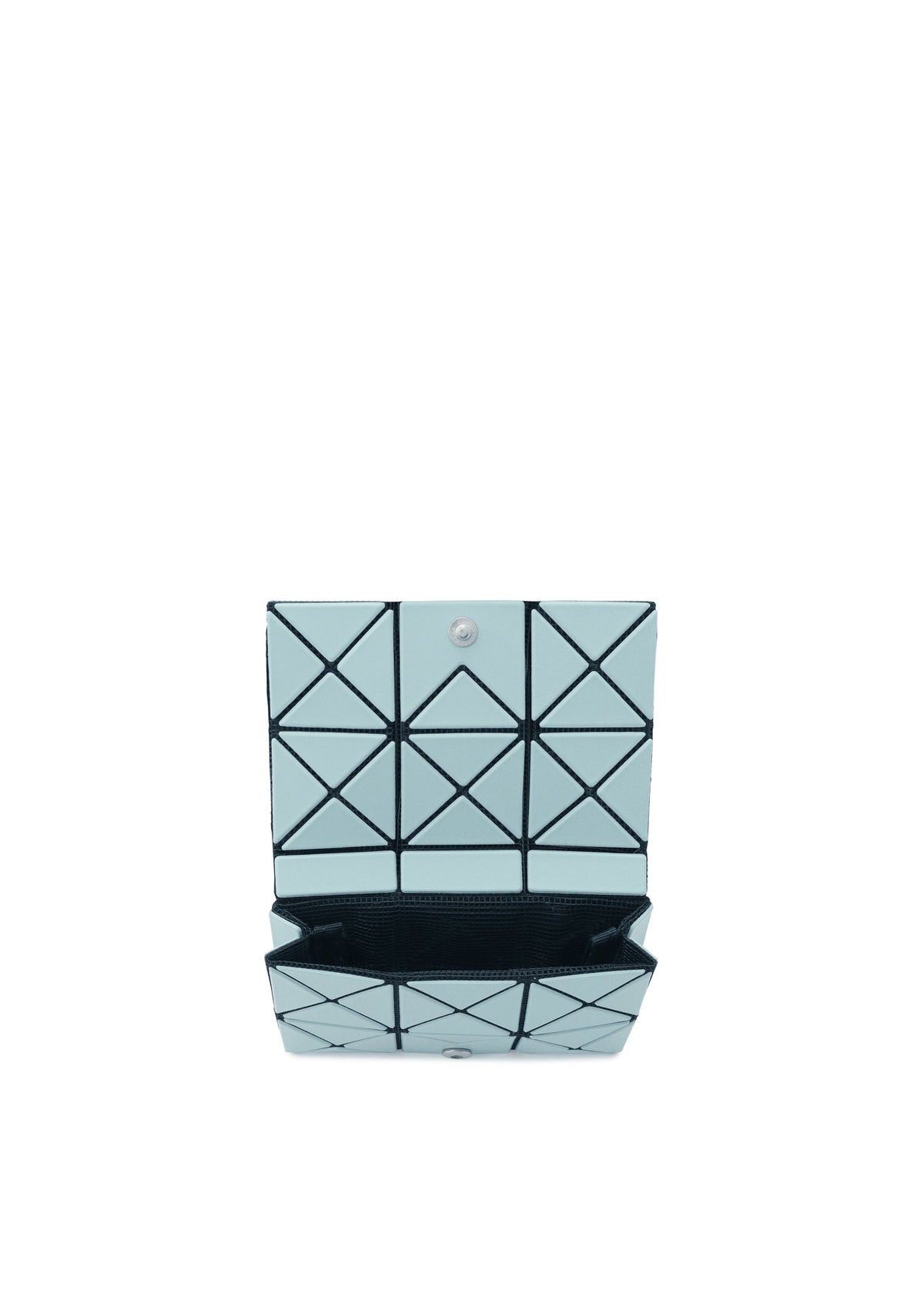 Zoomed view The TWINKLE card holder wallet by BAO BAO ISSEY MIYAKE is small, light blue with a geometric pattern and snap closure, shown open to reveal its black interior.
