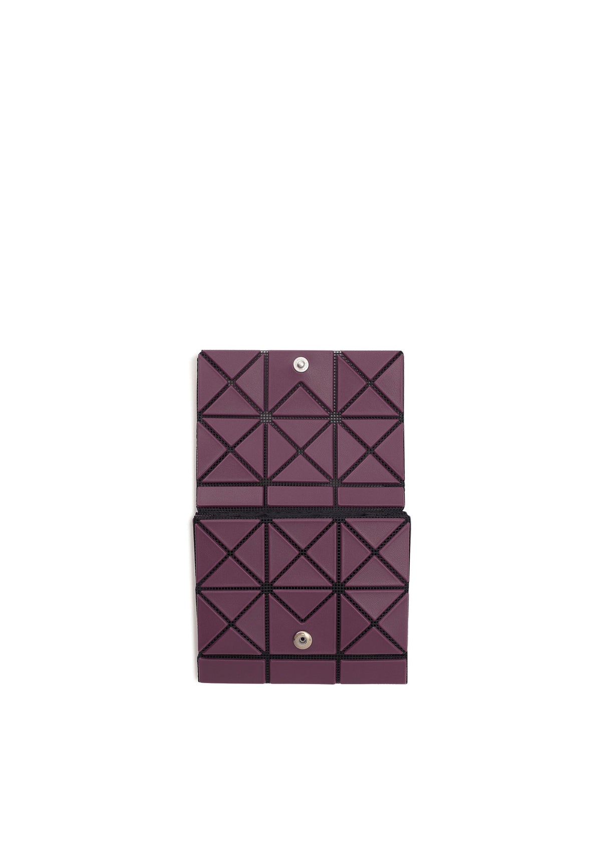 The TWINKLE by BAO BAO ISSEY MIYAKE is a geometric purple bifold wallet with a triangular grid, snap button closure, and compact card holder design, shown open against a white background. view 5 of 8
