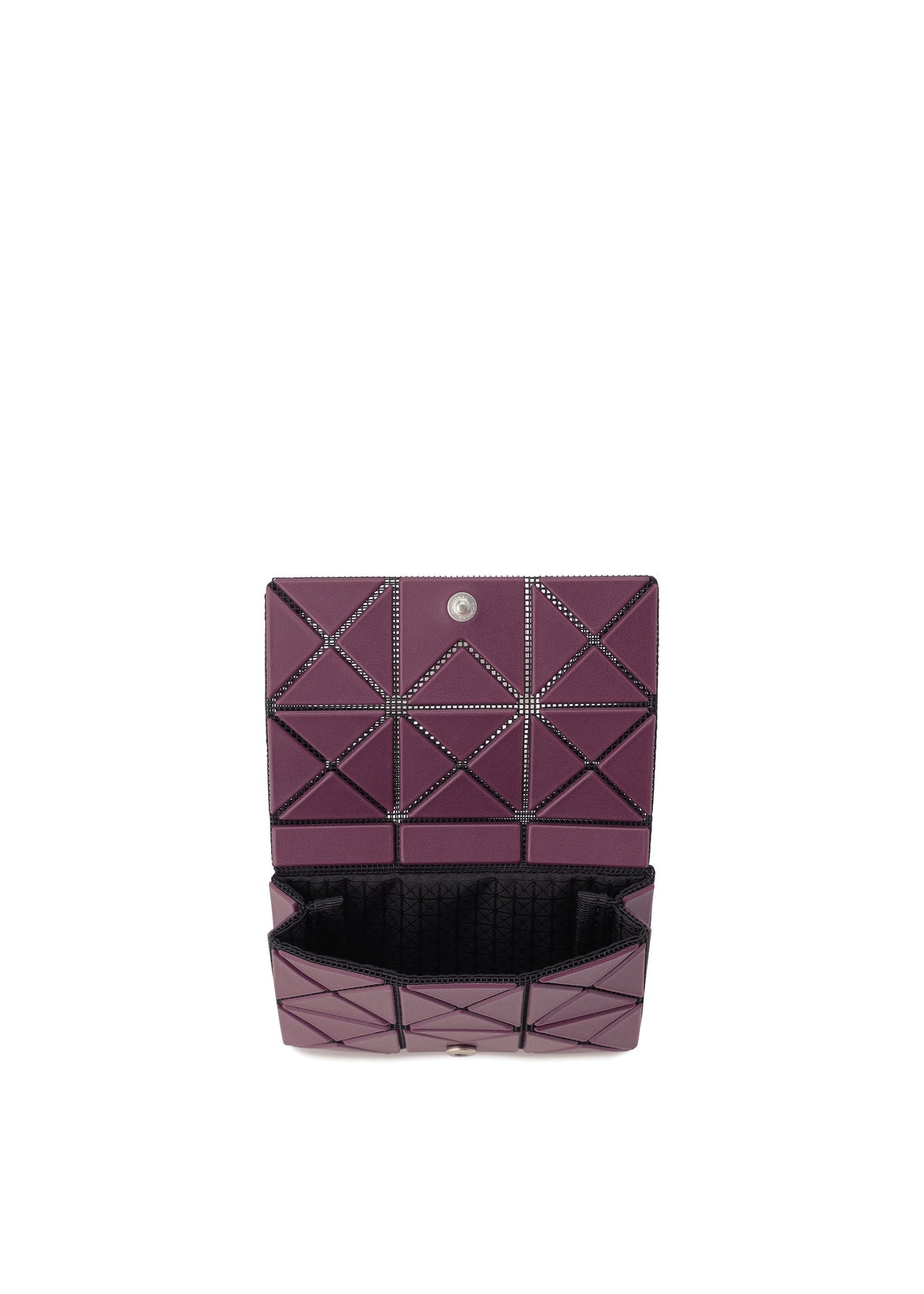 Zoomed view The TWINKLE by BAO BAO ISSEY MIYAKE is a purple geometric-patterned clutch with a black interior, triangular exterior shapes, and a silver snap button. It also functions as a compact card holder.