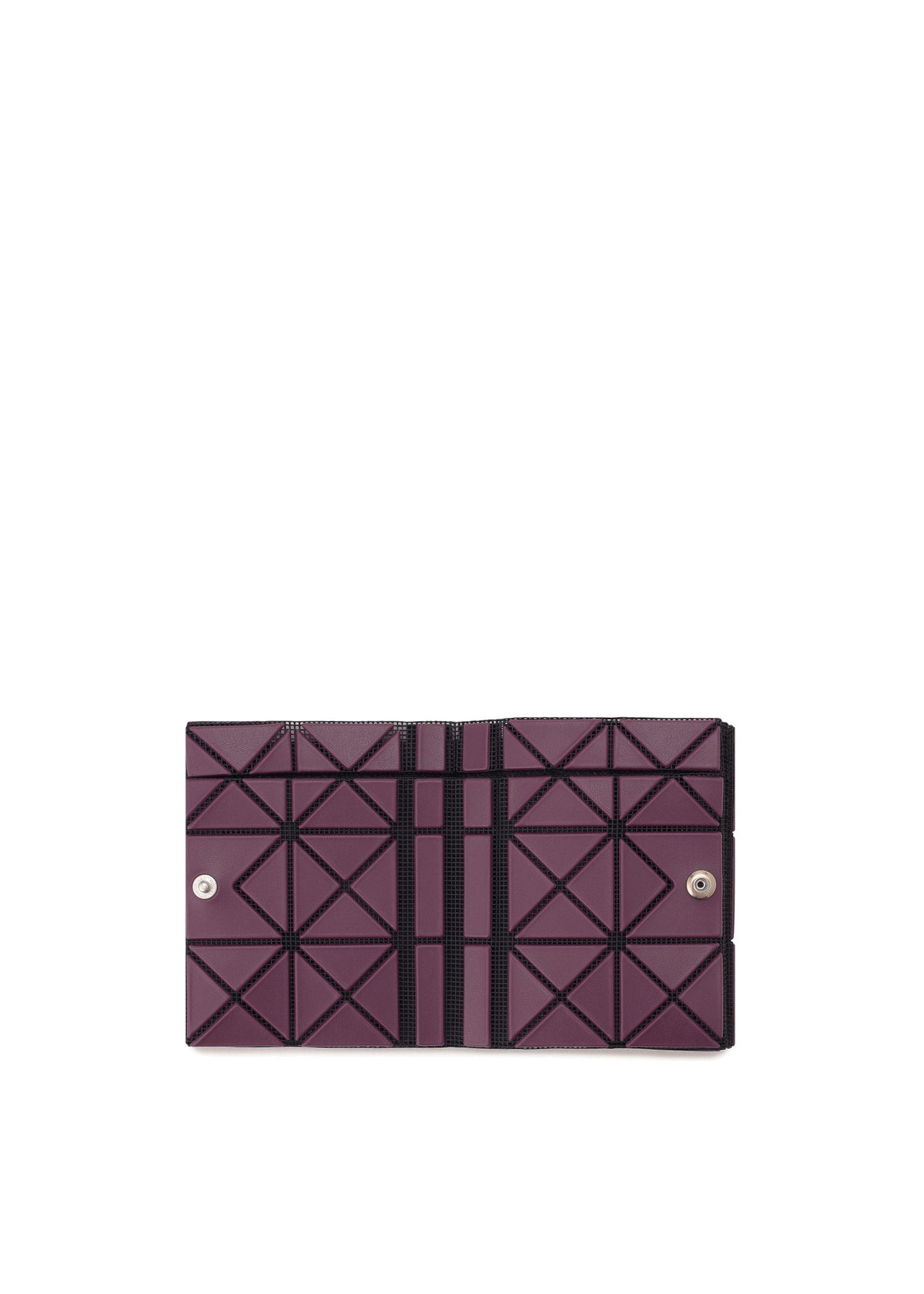 Zoomed view The TWINKLE by BAO BAO ISSEY MIYAKE is a rectangular purple bifold wallet featuring a geometric triangular pattern with black dividing lines and two snap buttons on the front.