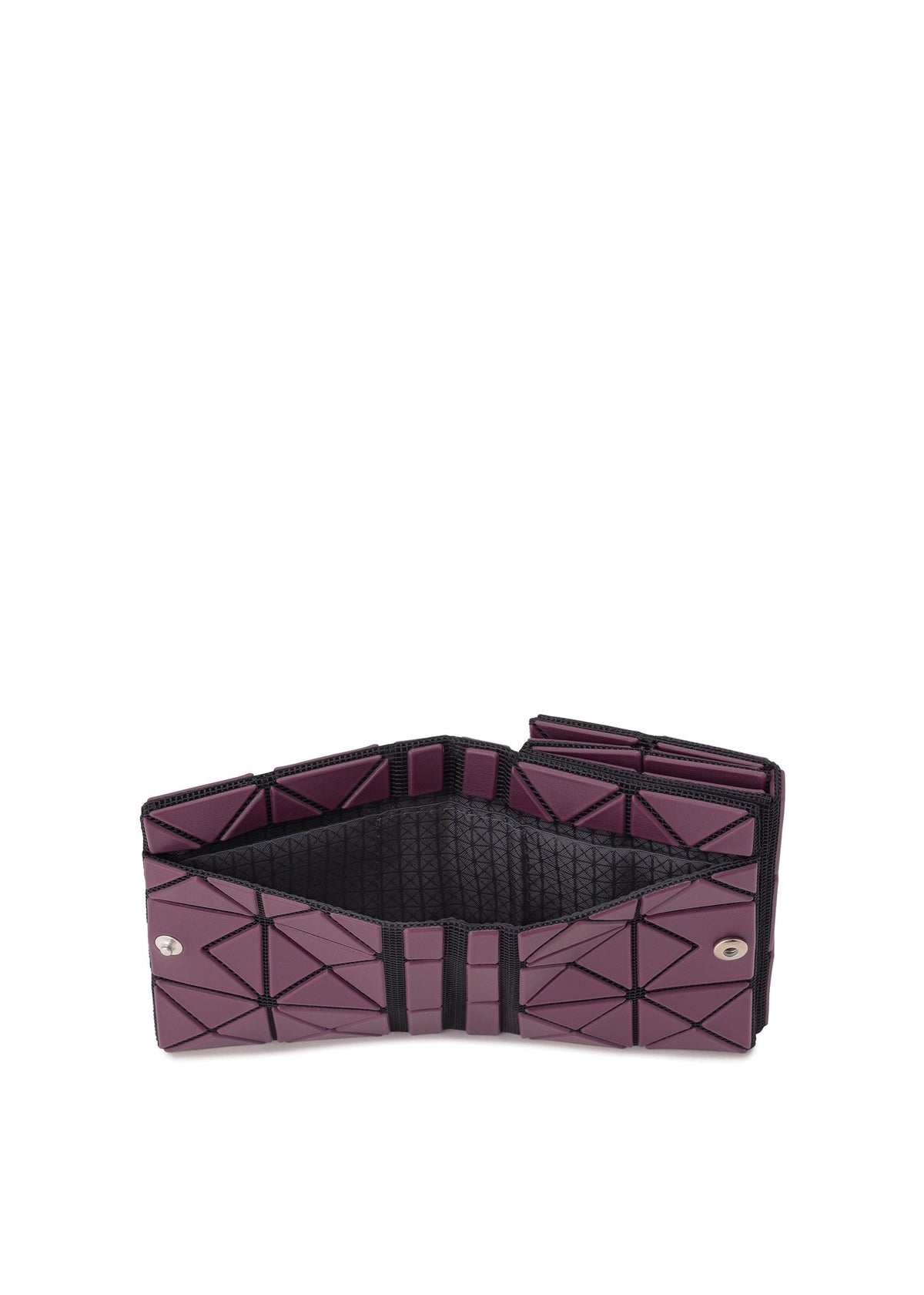 The TWINKLE by BAO BAO ISSEY MIYAKE is a geometric purple bifold wallet, open to reveal its textured interior, snap button closures, and compact card holder sections against a white background. view 8 of 8