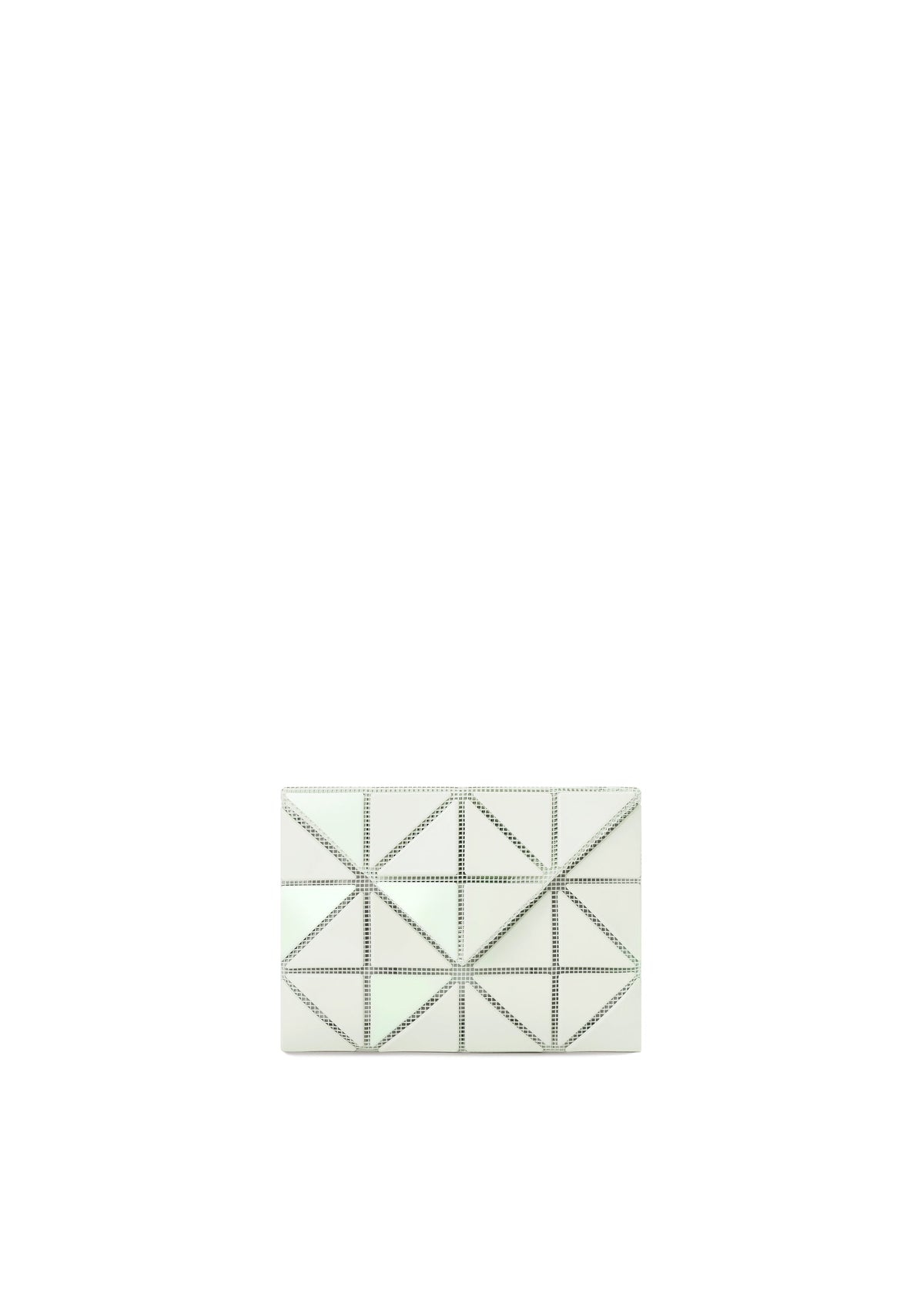 The BAO BAO ISSEY MIYAKE CARD WALLET is a small, rectangular white wallet featuring a geometric pattern with raised triangles and silver stud outlines—ideal for a chic, cashless lifestyle. view 1 of 8