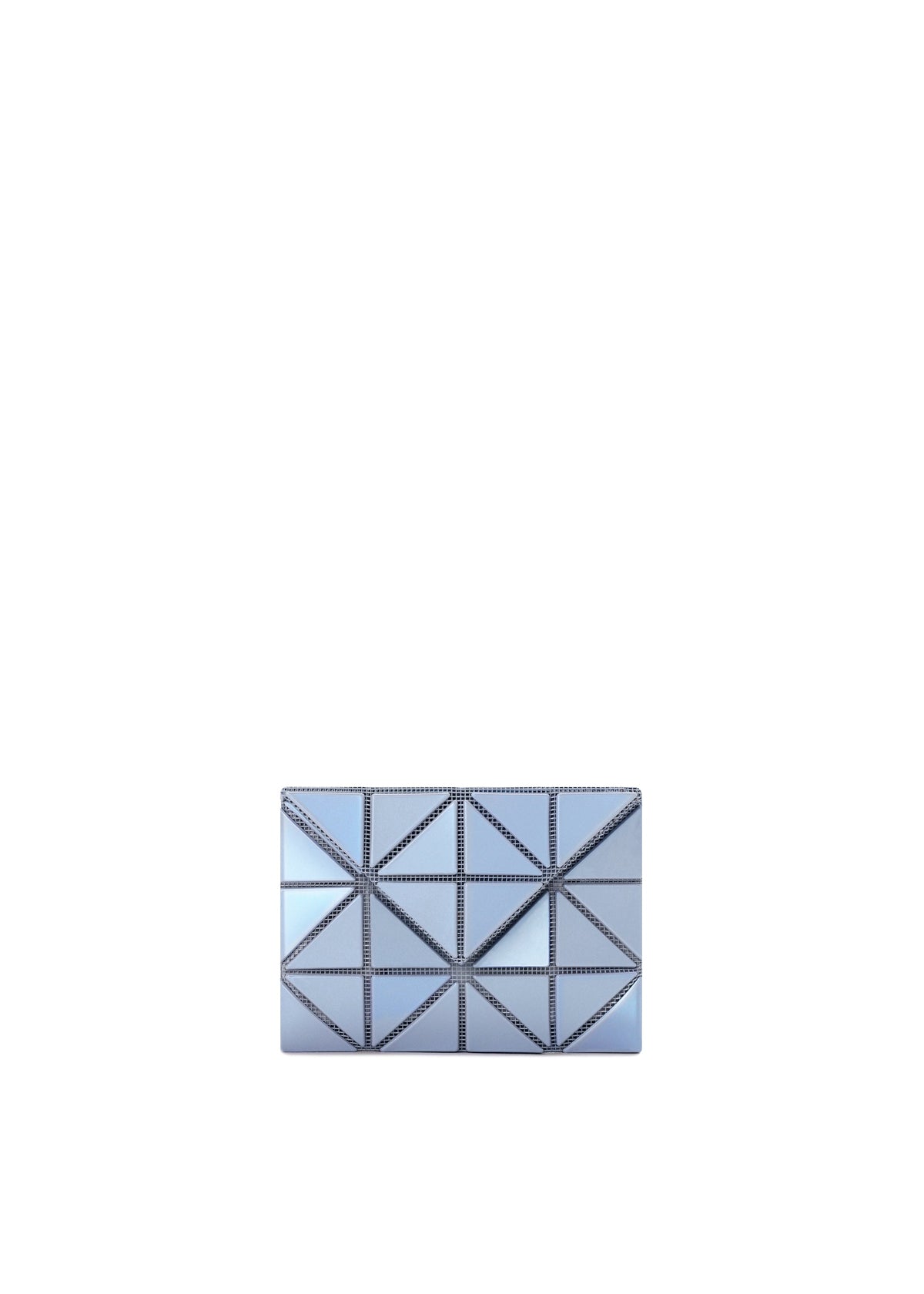 The CARD WALLET by BAO BAO ISSEY MIYAKE is a small, rectangular silver accessory with a geometric triangular pattern—ideal as a stylish mini wallet for a cash-less lifestyle. Shown on a white background. view 2 of 8