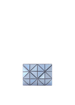 The CARD WALLET by BAO BAO ISSEY MIYAKE is a small, rectangular silver accessory with a geometric triangular pattern—ideal as a stylish mini wallet for a cash-less lifestyle. Shown on a white background. - BLUE GRAY （no.10）