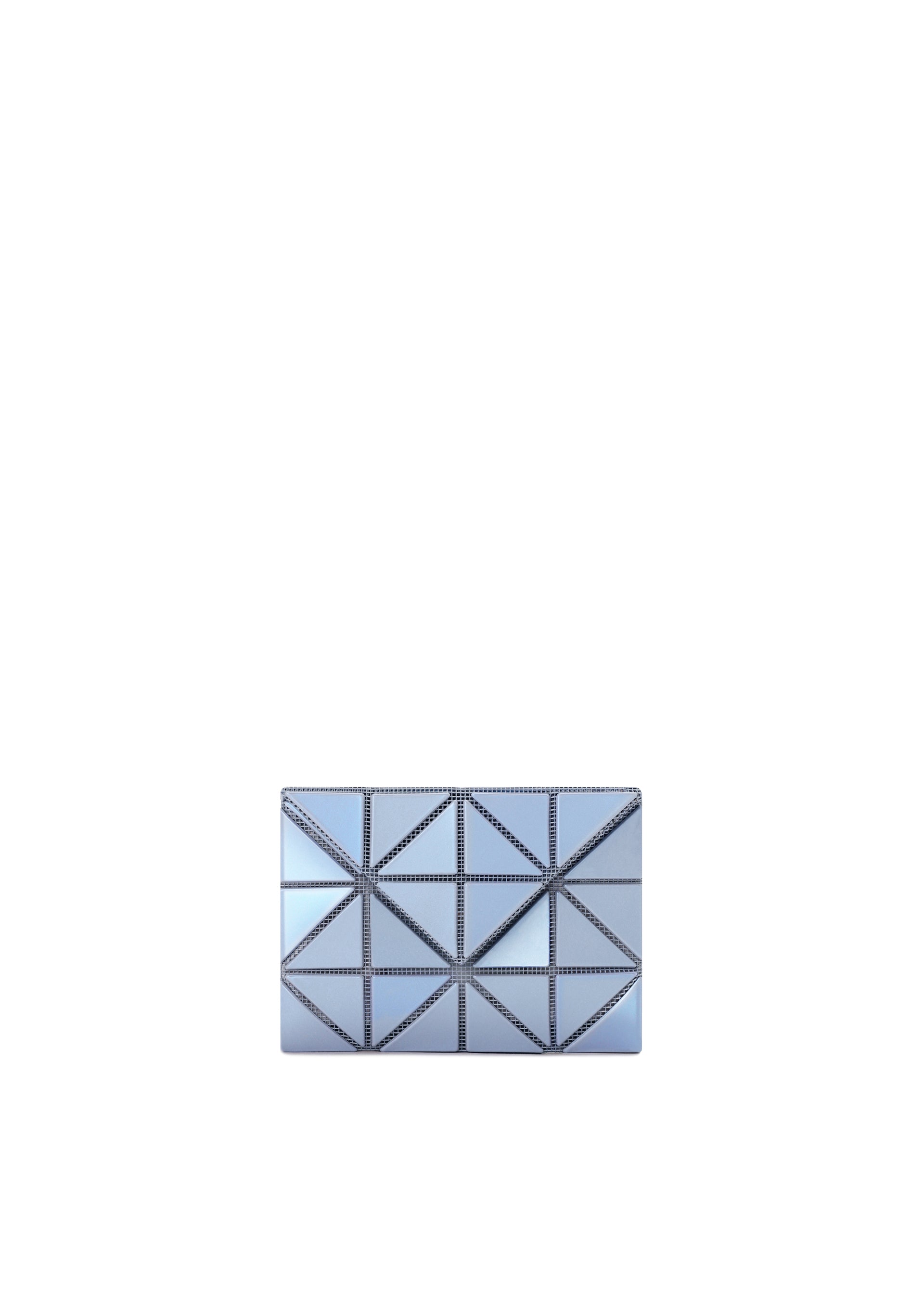 Zoomed view The CARD WALLET by BAO BAO ISSEY MIYAKE is a small, rectangular silver accessory with a geometric triangular pattern—ideal as a stylish mini wallet for a cash-less lifestyle. Shown on a white background. - BLUE GRAY （no.10）